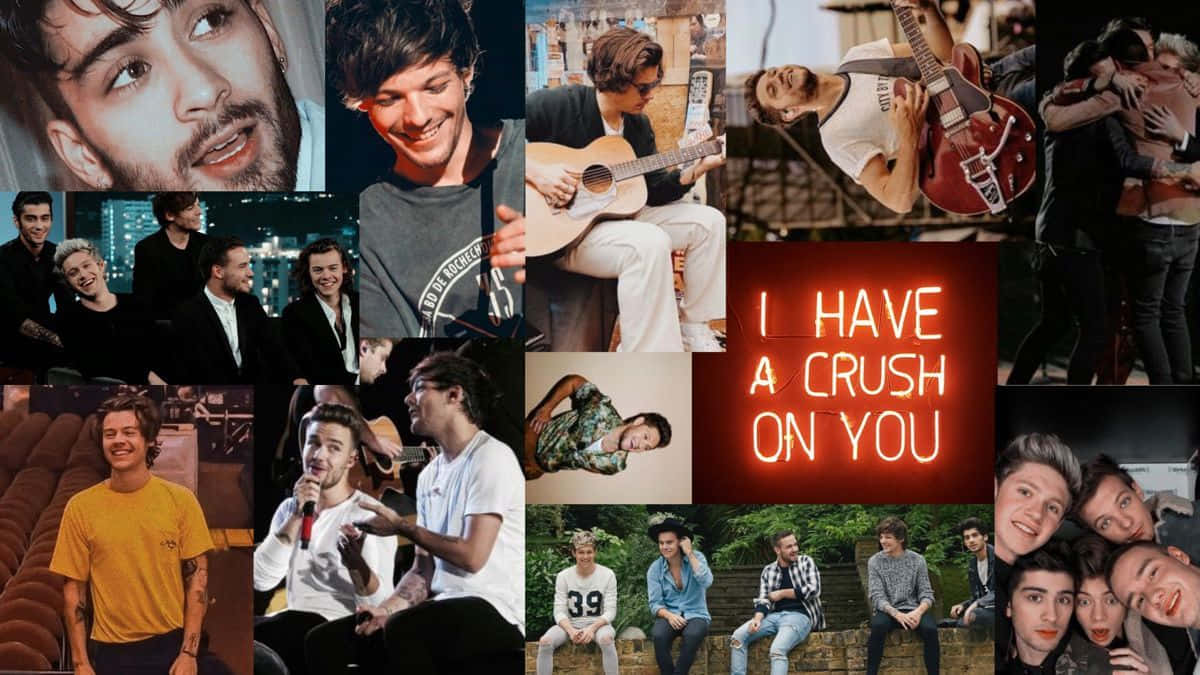 One Direction Laptop 桌布 壁紙 — 一幅充滿活力的One Direction成員拼貼畫，捕捉他們自然瞬間，表演、擺姿勢和擁抱，並有一個發光的霓虹燈牌寫著「I HAVE A CRUSH ON YOU」。