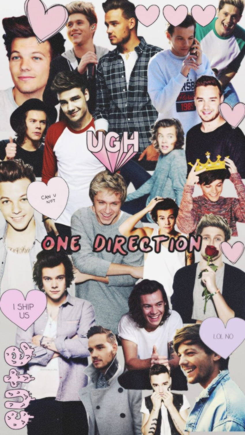 One Direction Aesthetic 桌布 壁紙 — 一幅充滿活力的One Direction成員拼貼畫，周圍環繞著粉紅色的心形和粉絲短語，如「I ship us」和「UGH」。