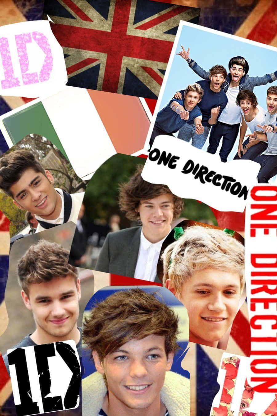One Direction 桌布 壁紙 — 一幅充滿活力的One Direction樂團成員拼貼畫，帶有英國國旗和「1D」標誌，採用粉絲自製的桌布風格。
