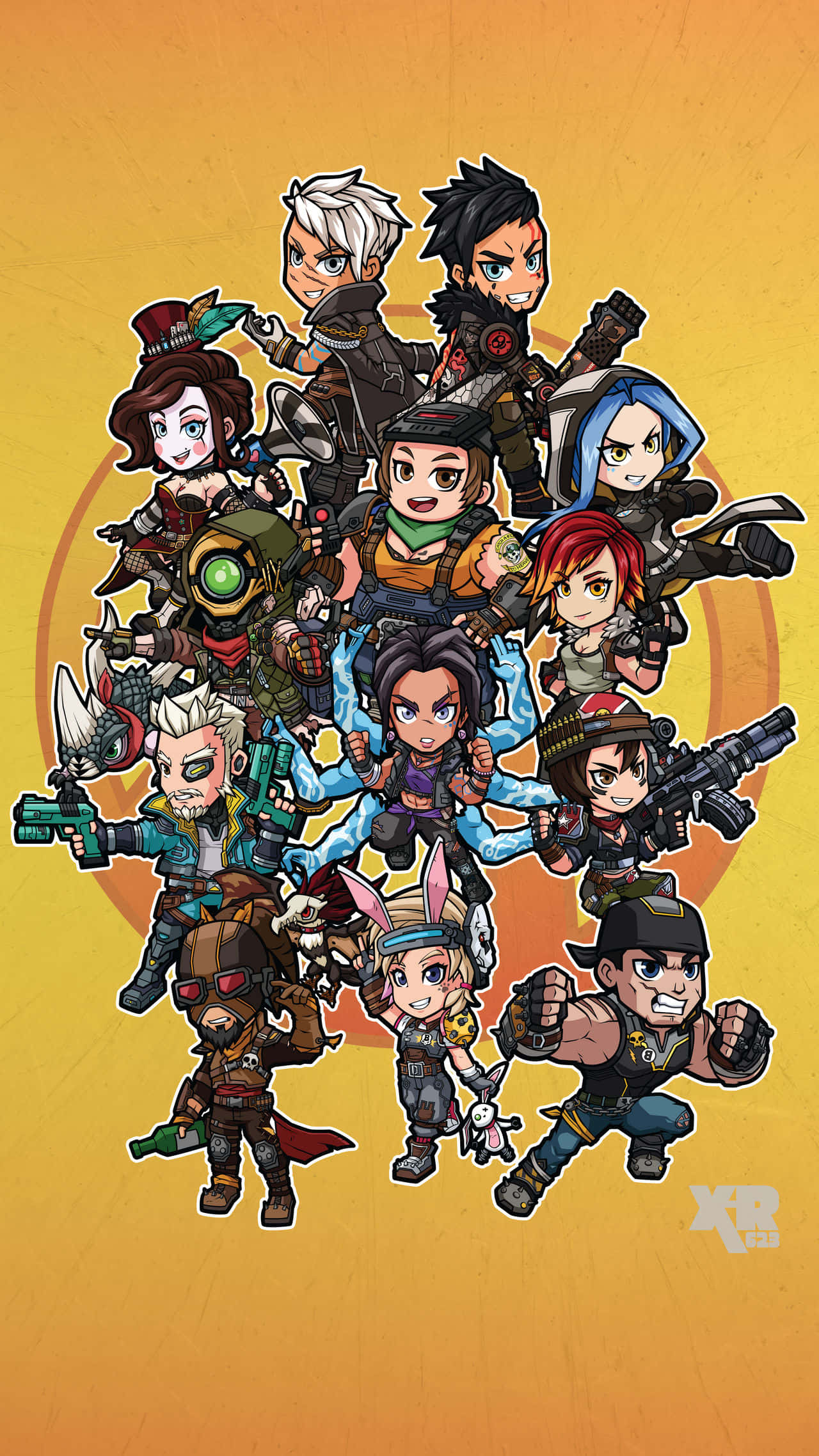 Pixel 3xl Borderlands 3 桌布 壁紙 — 一幅充滿活力的Q版風格插圖，描繪了多樣化的遊戲角色在溫暖漸變背景上擺出動態姿勢。