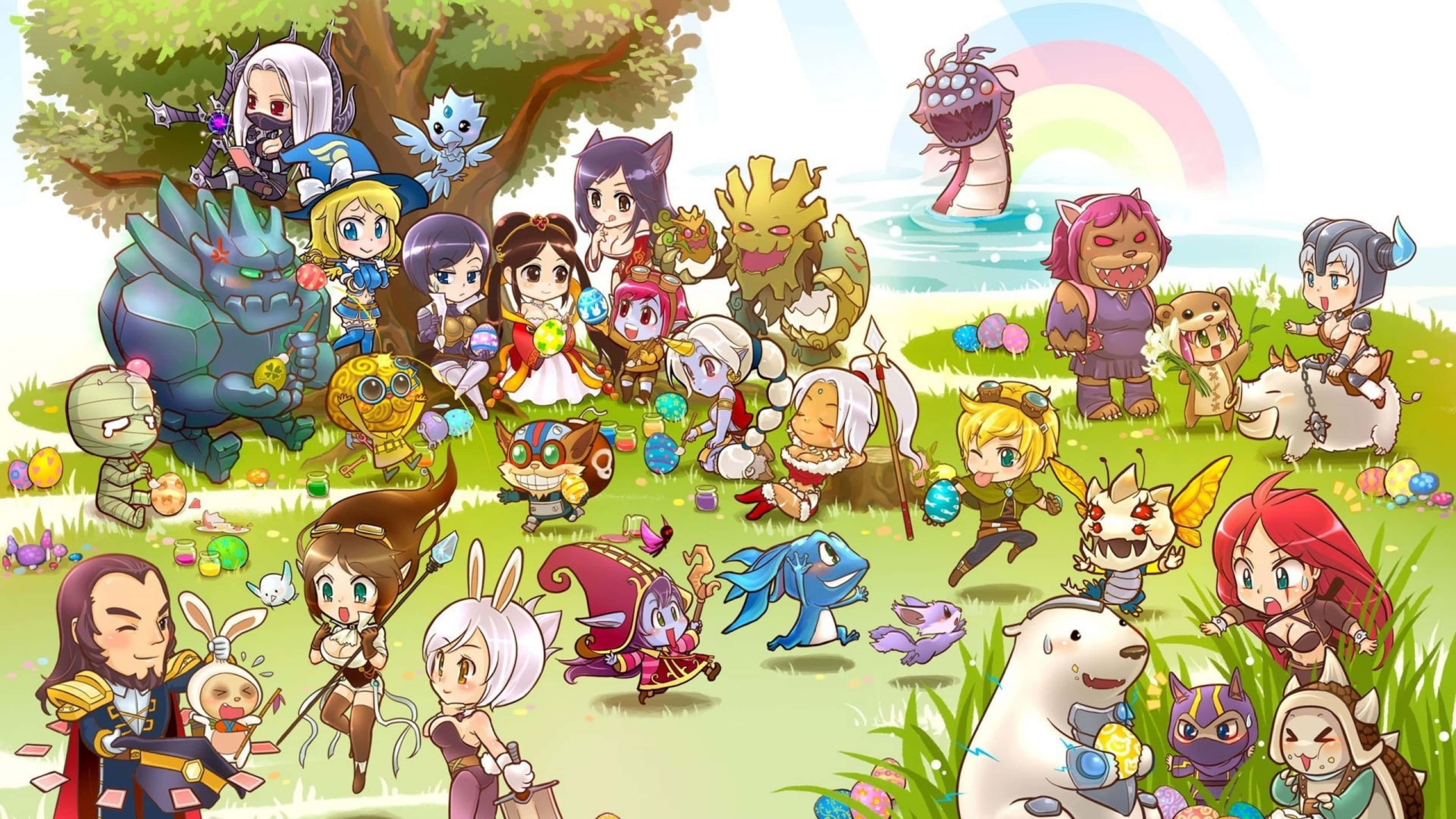 4K 龍珠壁紙 桌布 壁紙 — 一幅充滿活力的Q版風格插圖，描繪了各種奇幻角色和生物聚集在彩虹下的陽光草地上。