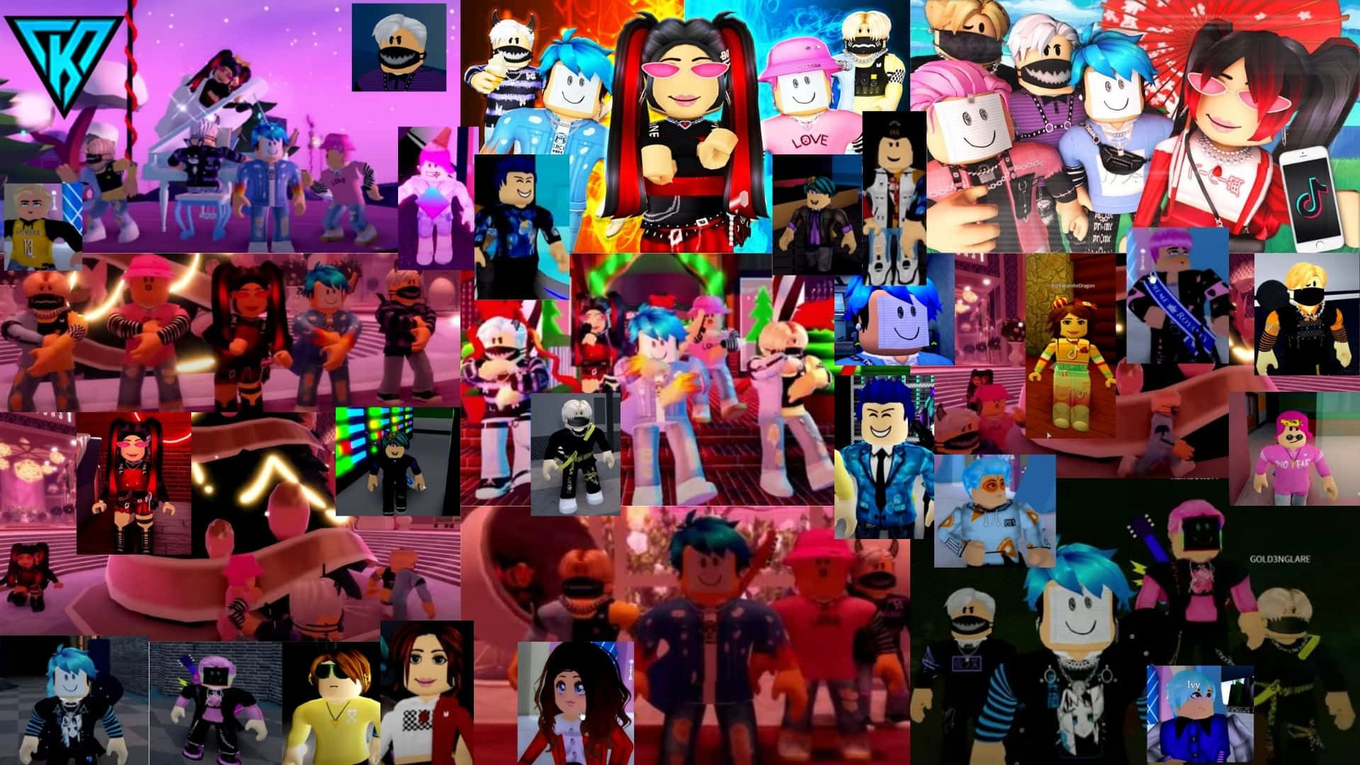 Cartoon Collage 桌布 壁紙 — 一幅充滿活力的Roblox頭像拼貼畫，呈現色彩繽紛、風格化的數位場景，帶有發光效果和富有表現力的姿勢。