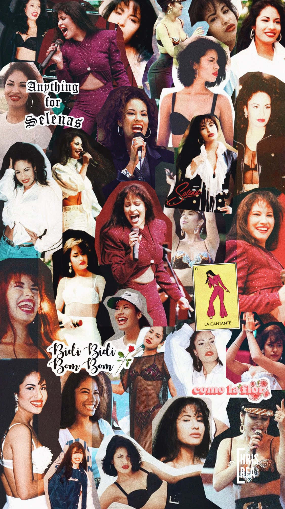 Selena Quintanilla iPhone 桌布 壁紙 — 一幅充滿活力的Selena Quintanilla照片拼貼，展示她各種服裝和姿勢中的標誌性表演和迷人時刻。