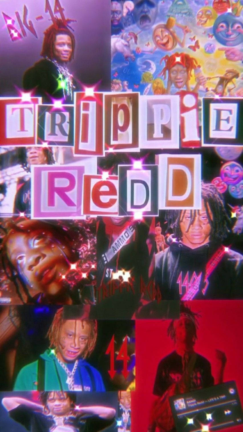 Rappers 桌布 壁紙 — 一幅充滿活力的Trippie Redd圖片拼貼，帶有色彩繽紛的卡通面孔和發光文字疊加。