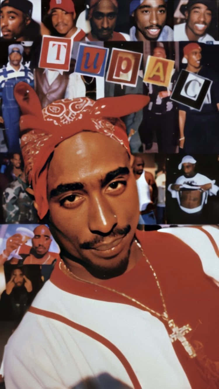 Tupac iPhone 桌布 壁紙 — 一幅充滿活力的Tupac Shakur照片拼貼，他的名字用彩色字母方塊拼出。