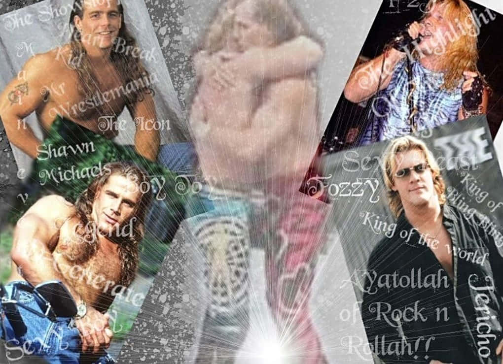摔角 桌布 壁紙 — 一幅充滿活力的WWE摔角手拼貼畫，包括Shawn Michaels和Jericho，帶有發光文字疊加和動態姿勢。