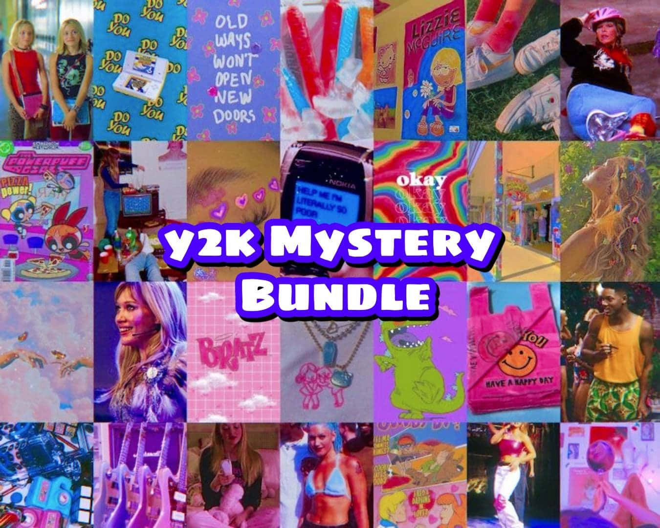 美學 桌布 壁紙 — 一幅充滿活力的Y2K時代流行文化圖標拼貼畫， featuring 卡通角色、懷舊時尚和復古科技，以鮮豔的霓虹色彩呈現。