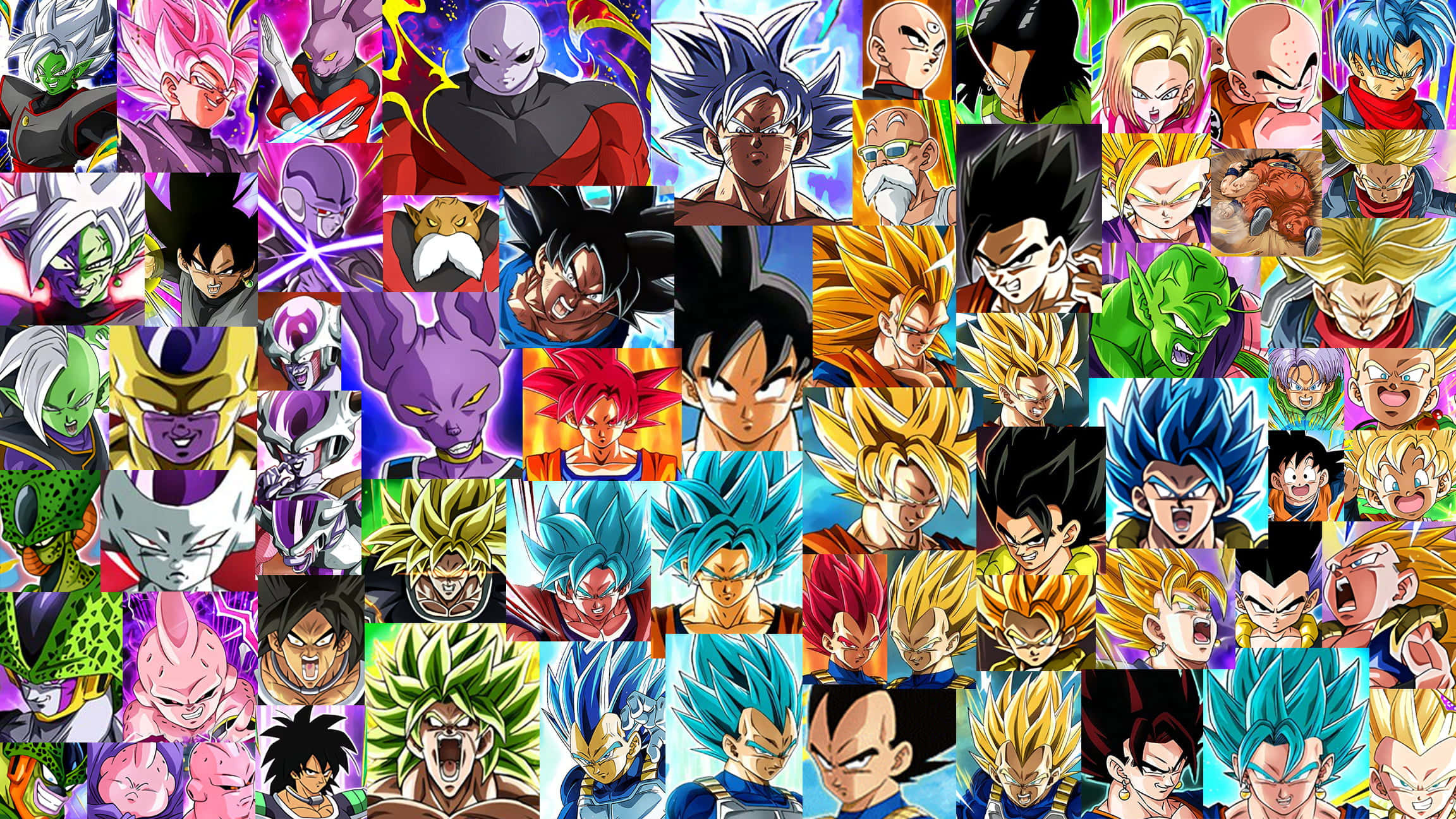 Dragon Ball Z Characters 桌布 壁紙 — 一幅充滿活力的七龍珠角色拼貼畫，展現各種力量形態、動態姿勢和發光氣場。
