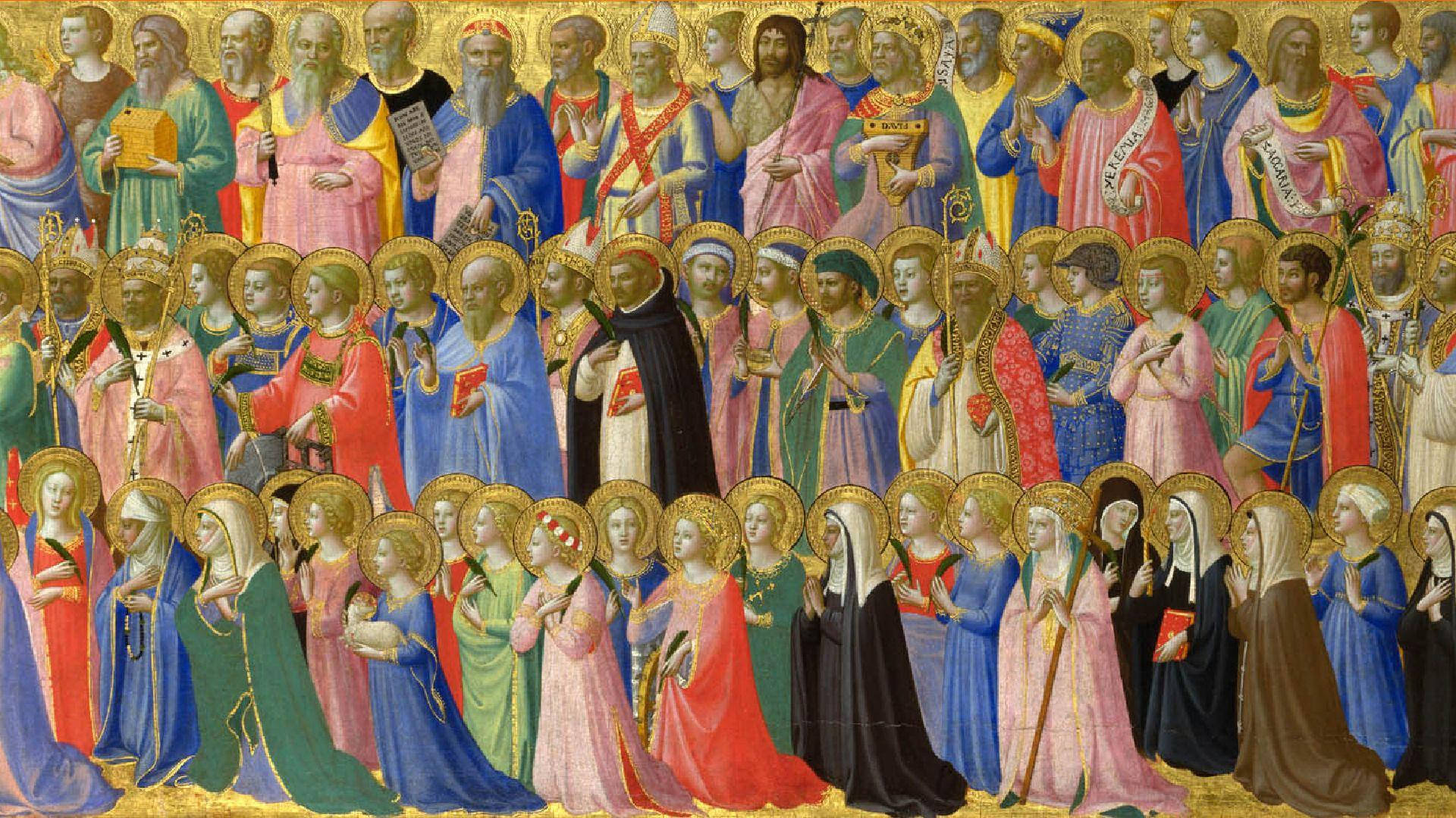 All Saints Day 桌布 壁紙 — 一幅充滿活力的中世紀壁畫，描繪了眾多聖人和宗教人物，身穿色彩豐富的長袍，頭頂金色光環，背景為鍍金。