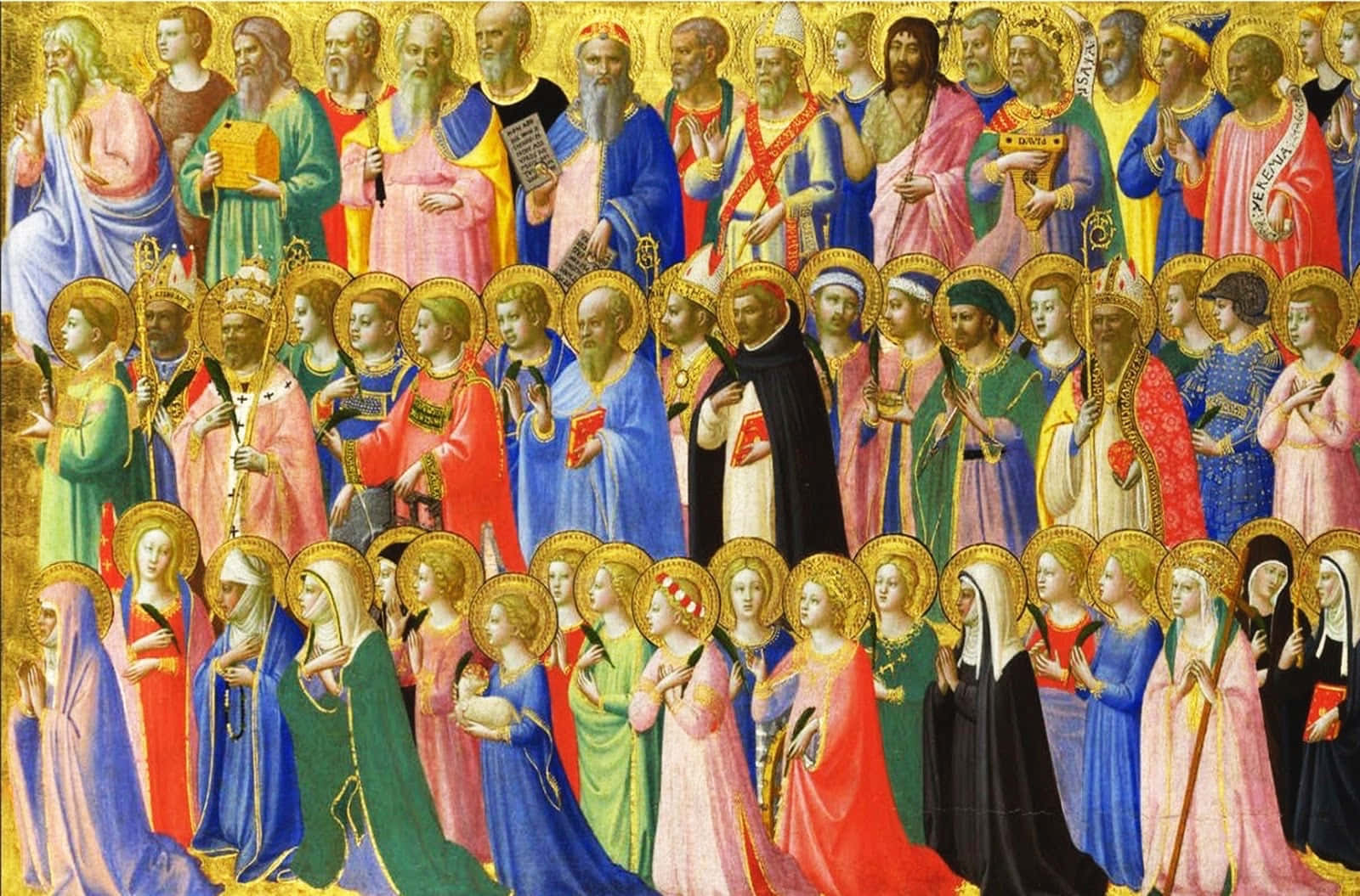 Catholic 桌布 壁紙 — 一幅充滿活力的中世紀宗教畫描繪了眾多聖人和神聖人物，身穿色彩繽紛的長袍，頭頂金色光環，排列成密集的行列，背景是燦爛的金色。