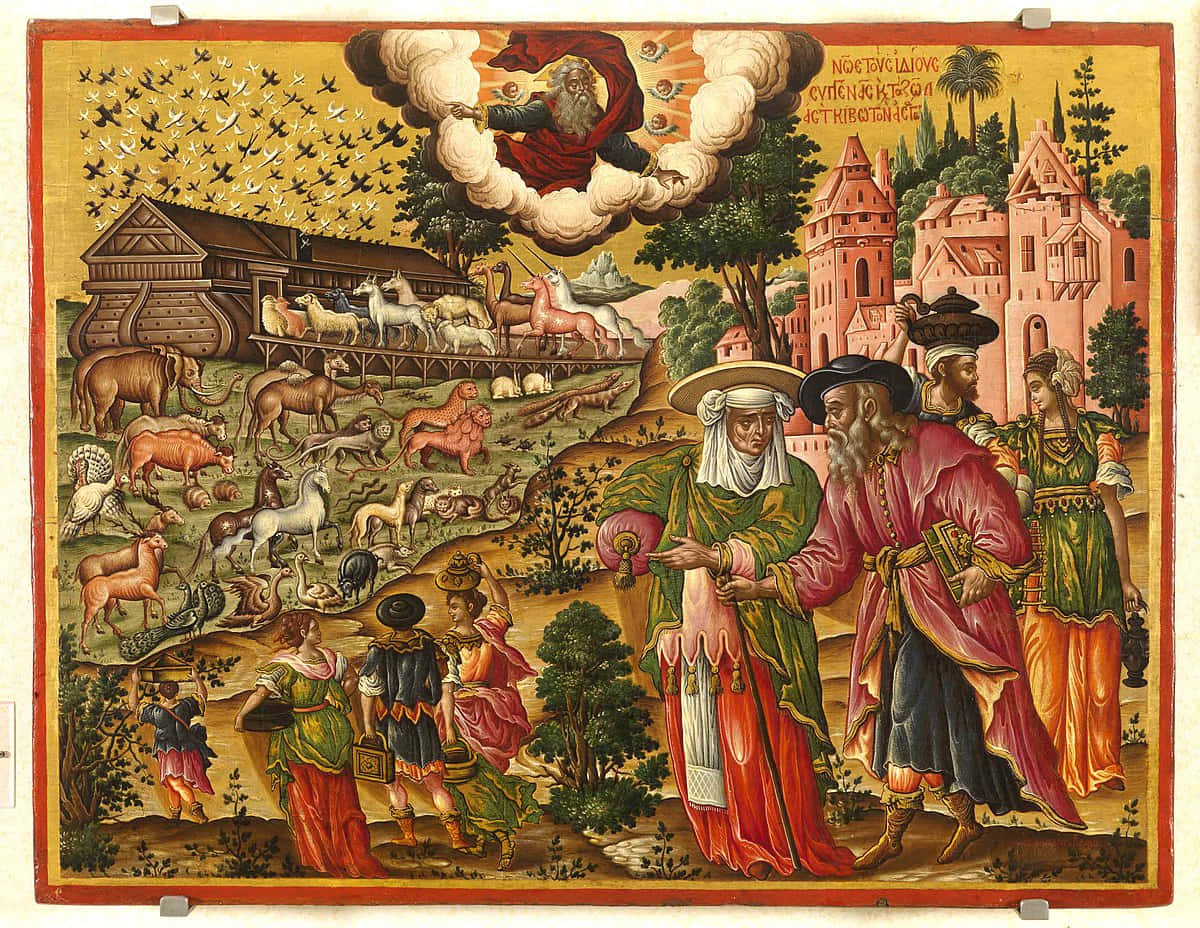 Noah's Ark 桌布 壁紙 — 一幅充滿活力的中世紀風格畫作描繪了聖經場景，人物穿著色彩繽紛的長袍，在牲畜和城堡之間互動，天空中有神聖的人物和鳥類。