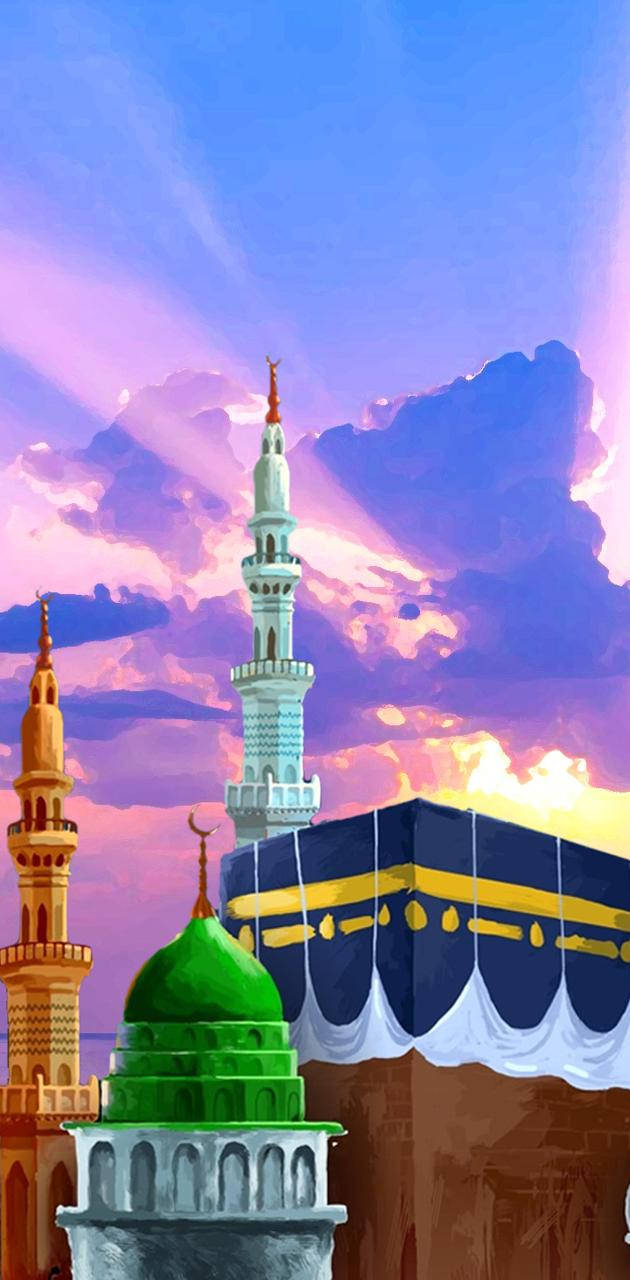Madina 桌布 壁紙 — 一幅充滿活力的伊斯蘭建築數位插圖，描繪了尖塔和綠色圓頂，背景是紫色和粉紅色的日落天空。