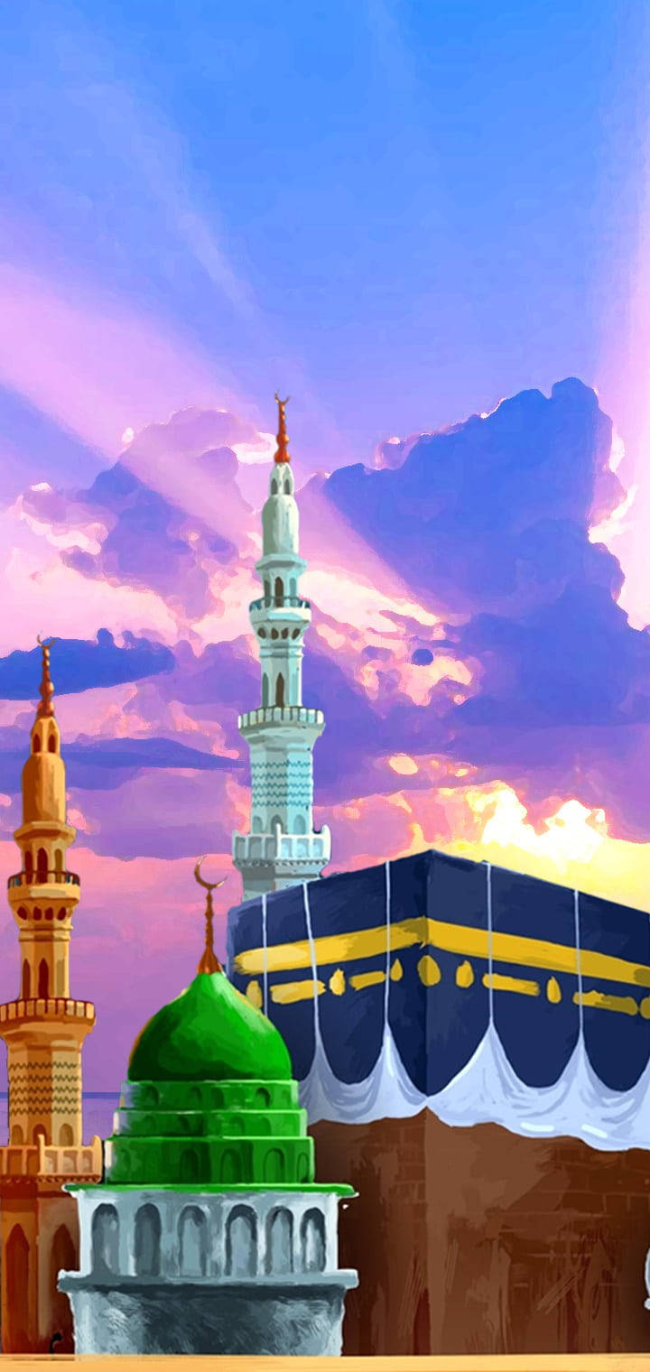 Madina Full HD 桌布 壁紙 — 一幅充滿活力的伊斯蘭建築數位插圖，描繪了宣禮塔和綠色圓頂，背景是紫色和粉紅色的日落天空。