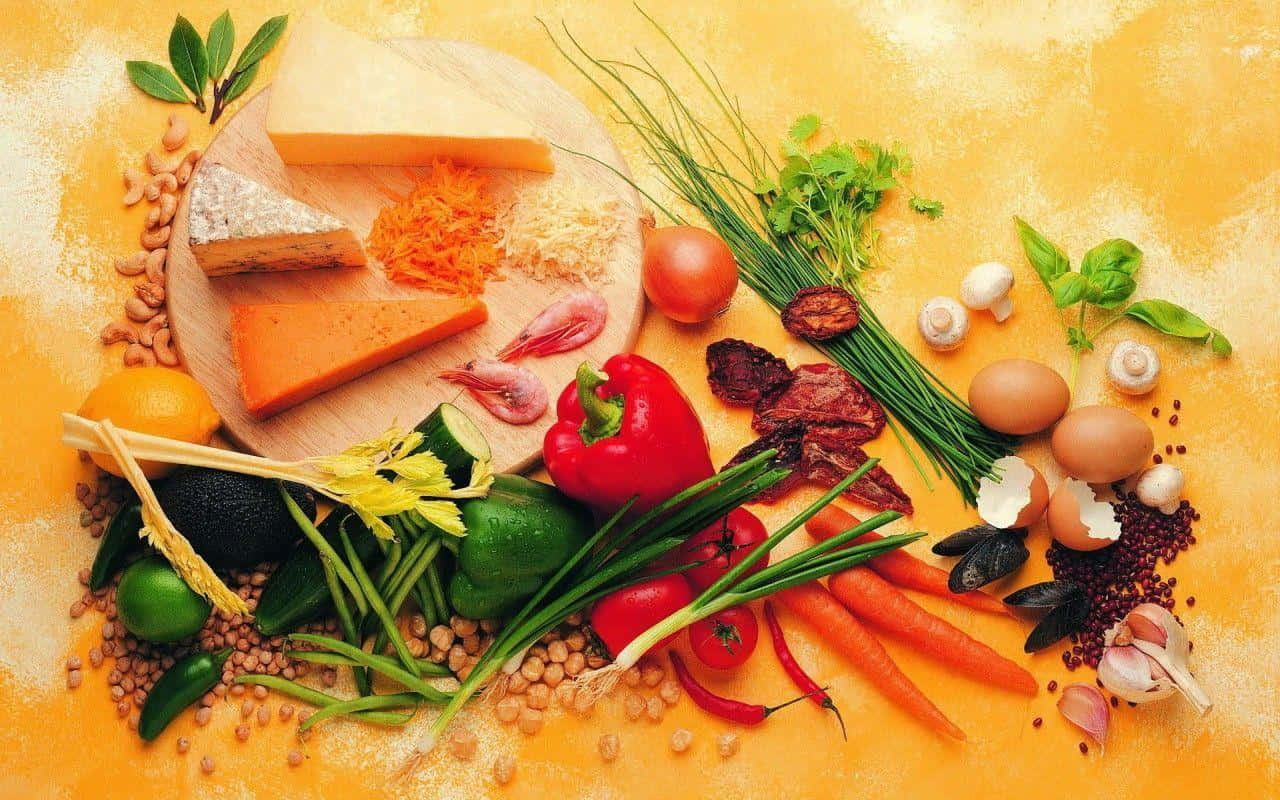 Healthy Food 桌布 壁紙 — 一幅充滿活力的俯拍照片，展示各種新鮮農產品、起司、雞蛋和香料，巧妙地排列在溫暖的黃色紋理表面上。