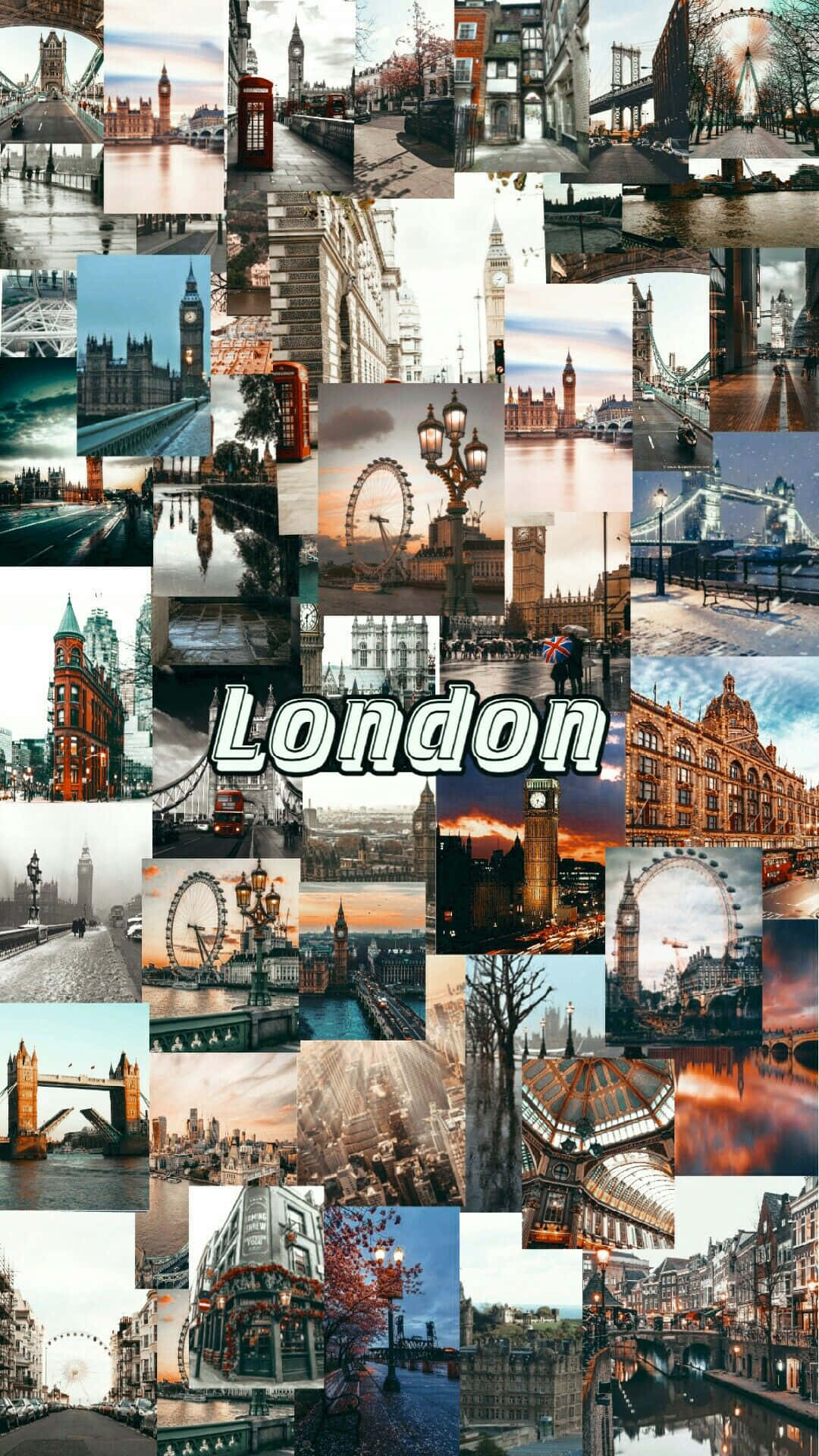 Travel Aesthetic Phone 桌布 壁紙 — 一幅充滿活力的倫敦地標拼貼畫，包括大笨鐘、塔橋和倫敦眼，展現不同時間和天氣下的景象。