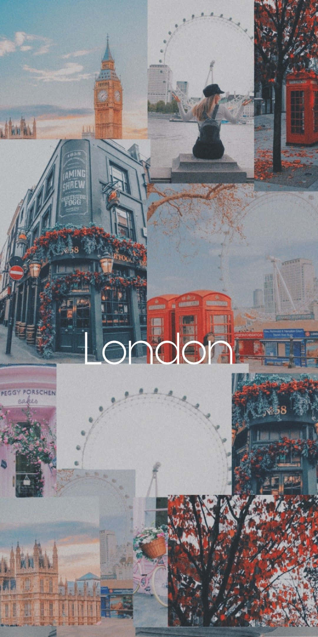 Travel Aesthetic Phone 桌布 壁紙 — 一幅充滿活力的倫敦標誌性場景拼貼畫，包括大笨鐘、紅色電話亭和柔和天空下的秋樹。