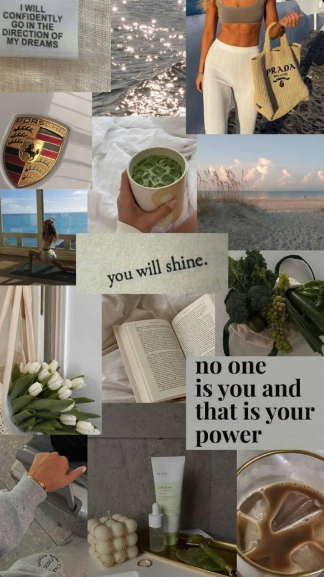 That Girl Aesthetic 桌布 壁紙 — 一幅充滿活力的健康與奢華時刻拼貼畫，包含海灘場景、瑜伽、保時捷標誌、綠色冰沙和勵志名言。