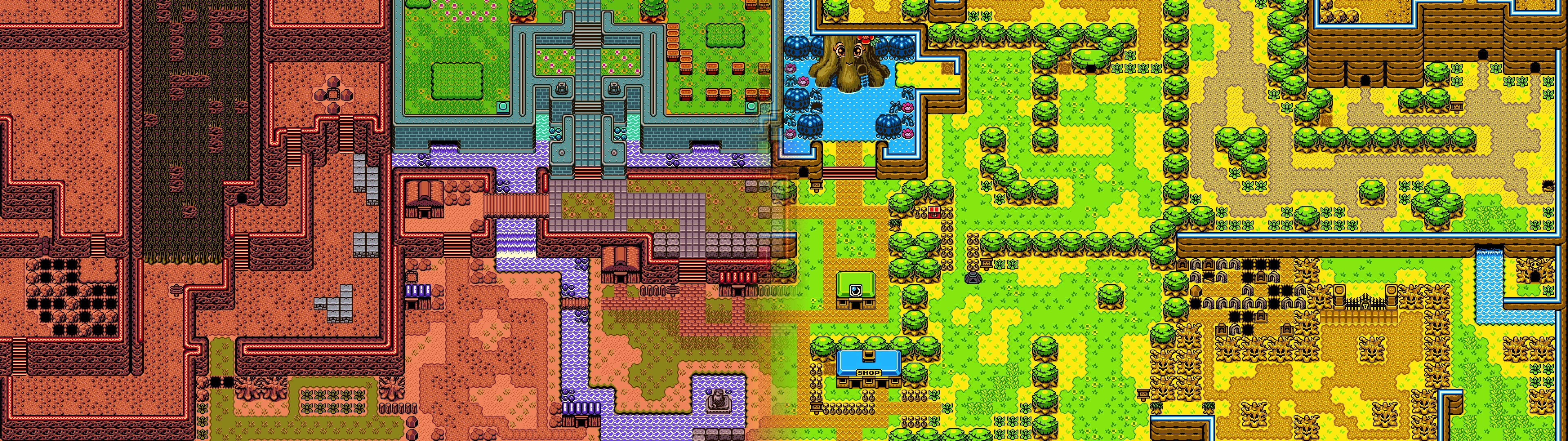 Gaming Dual Screen 桌布 壁紙 — 一幅充滿活力的像素藝術地圖，展示多樣地形，包括森林、河流和廢墟，採用經典RPG風格。