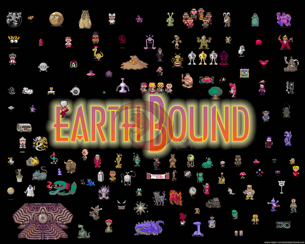 地球冒險 桌布 壁紙 — 一幅充滿活力的像素藝術拼貼畫，EarthBound 遊戲精靈圍繞著發光的標題標誌排列在黑色背景上。