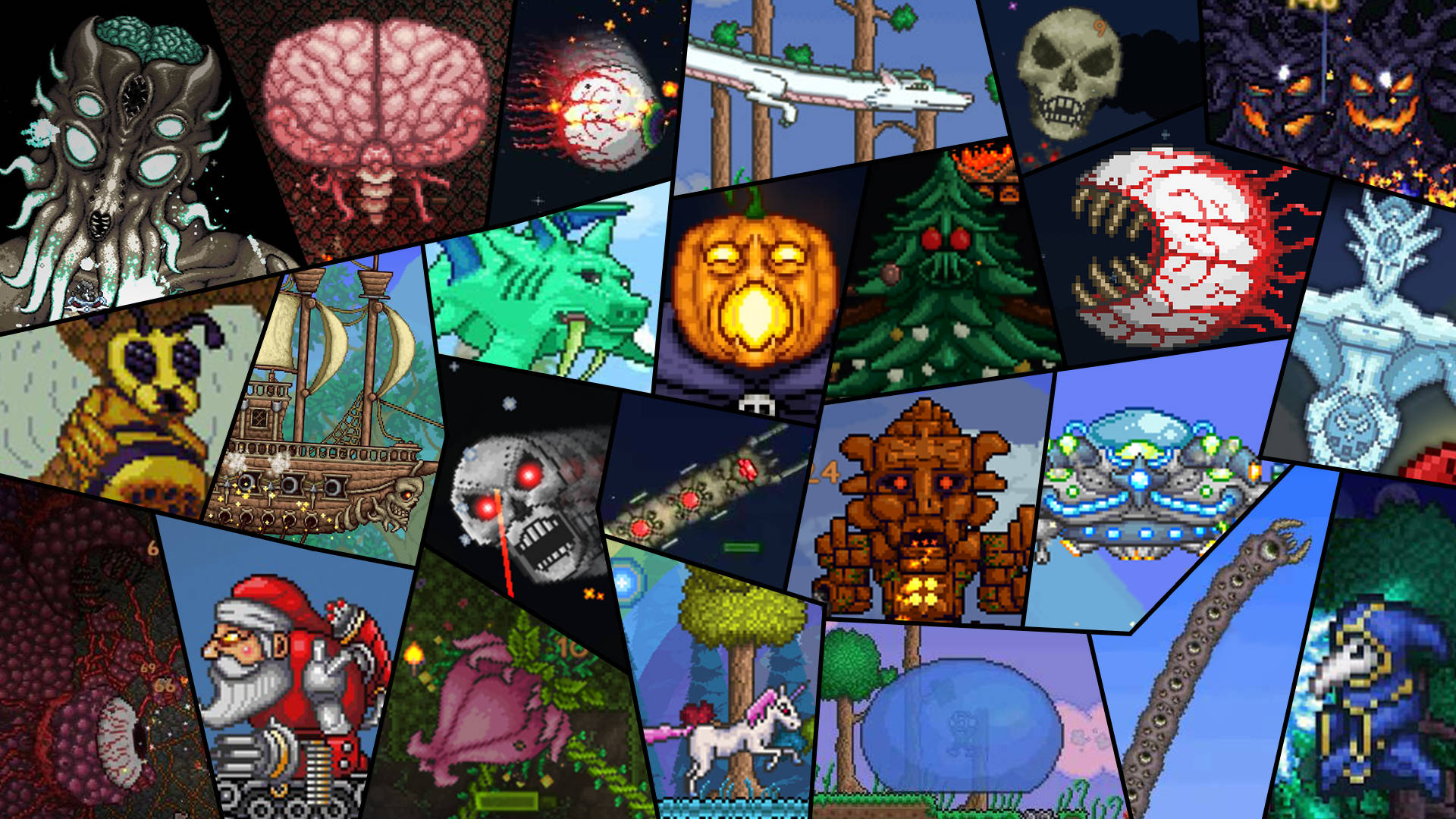 Terraria Moon Lord 桌布 壁紙 — 一幅充滿活力的像素藝術拼貼畫，以混亂的網格排列怪物、頭骨、大腦和奇幻生物。