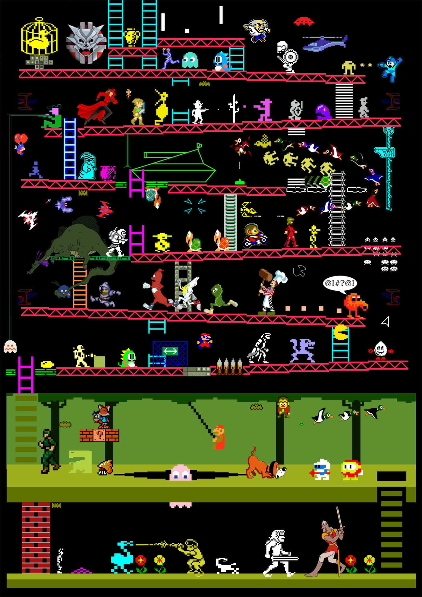 arcade 桌布 壁紙 — 一幅充滿活力的像素藝術拼貼畫，將復古電子遊戲角色和關卡垂直堆疊在黑色背景上。