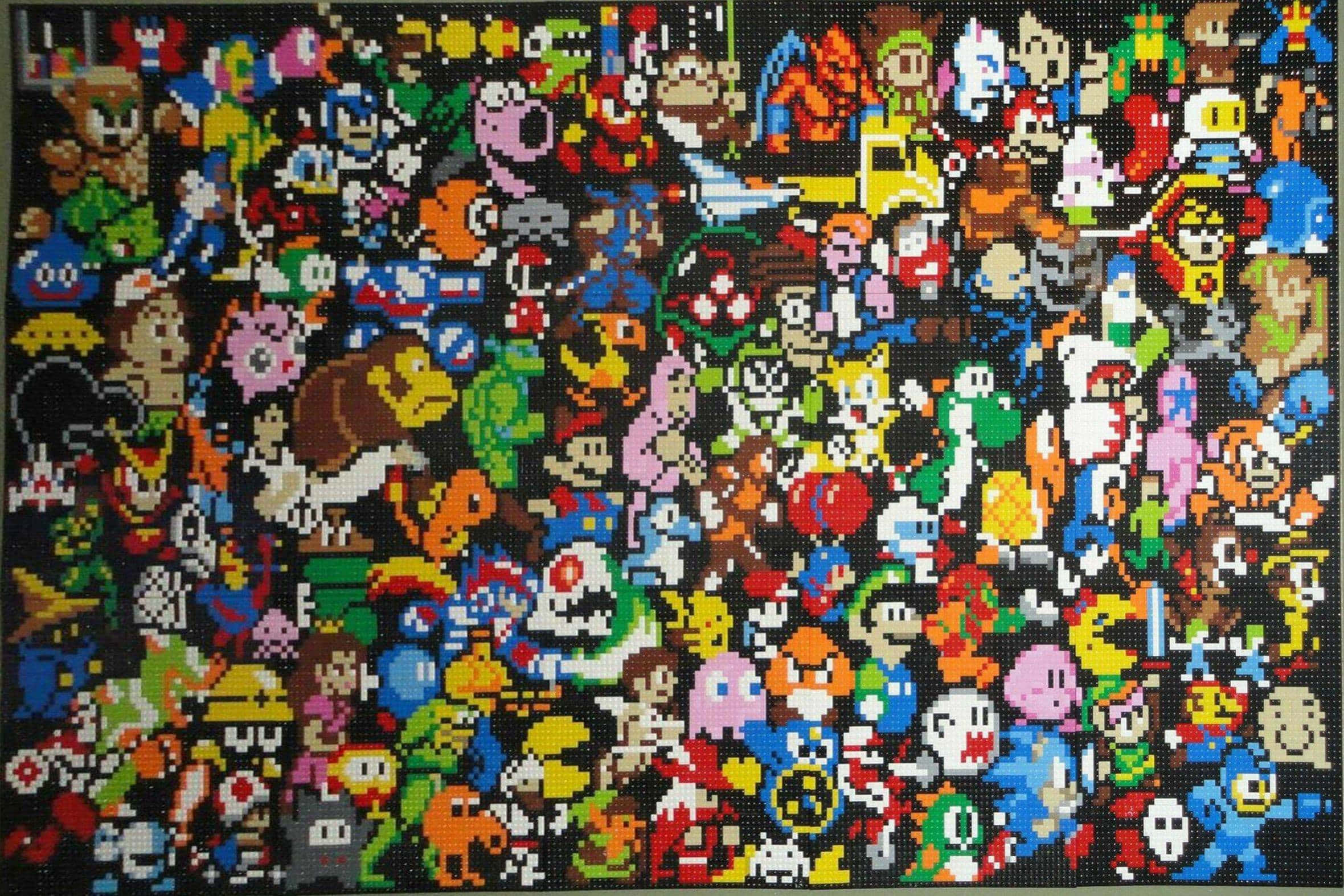 Gaming Classic Collections 桌布 壁紙 — 一幅充滿活力的像素藝術拼貼畫，數百個經典電子遊戲角色密密麻麻地排列在黑色背景上。