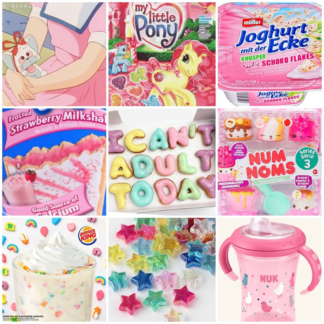 童趣風 桌布 壁紙 — 一幅充滿活力的兒童產品拼貼畫，包括 My Little Pony 玩具、彩色星星軟糖和粉紅色嬰兒奶瓶。