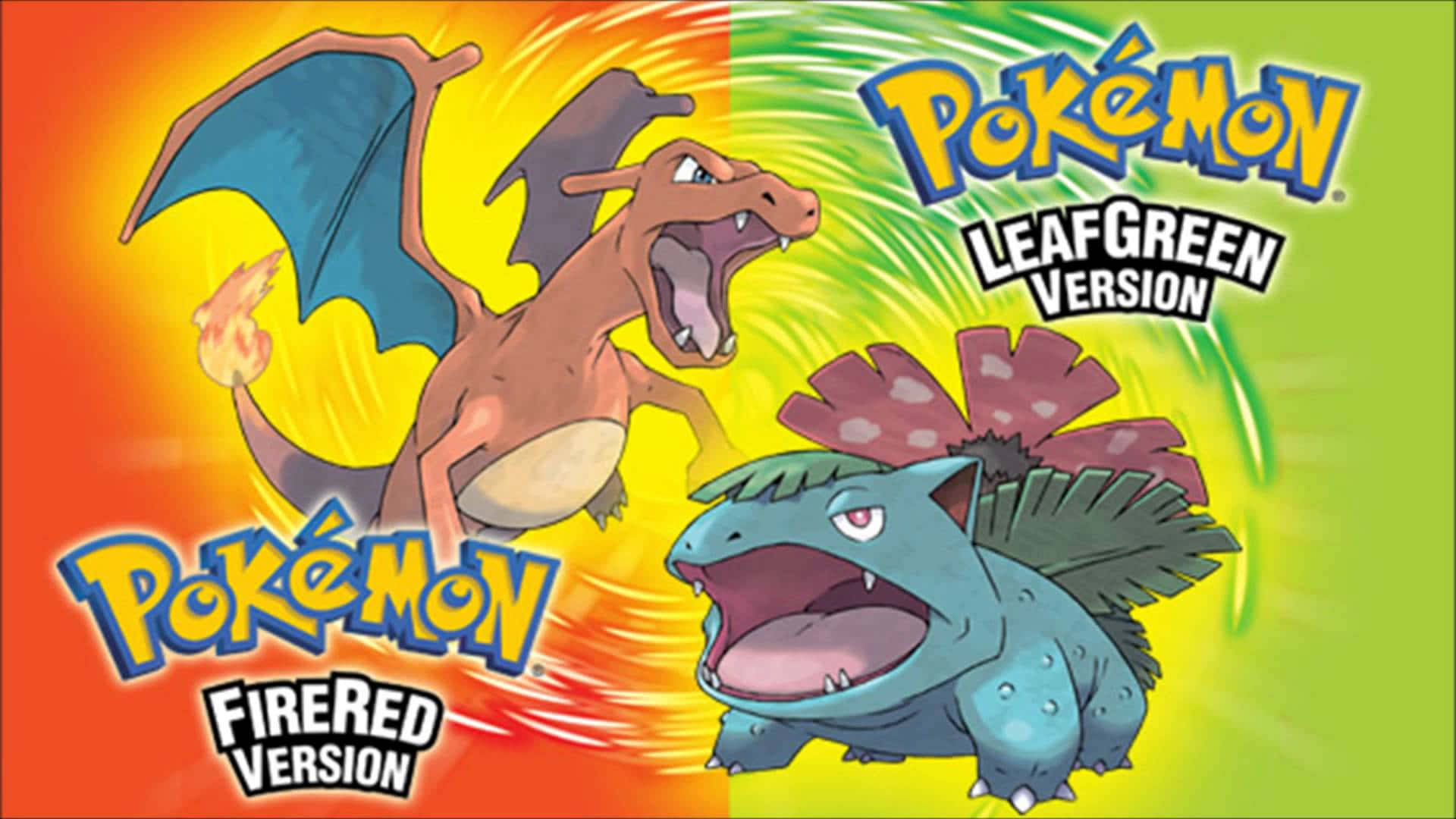 Pokemon World Championships 桌布 壁紙 — 一幅充滿活力的分屏插圖，描繪了噴火龍和傑尼龜在火橙色和綠色背景前咆哮，並帶有寶可夢遊戲標題。