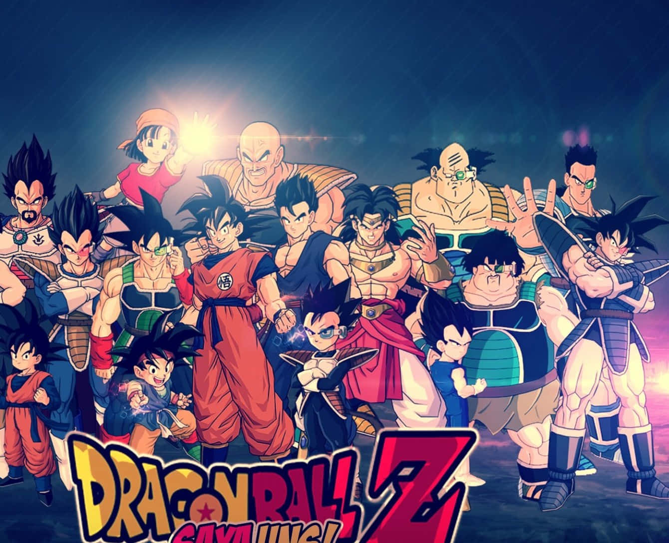 Cool Dragon Ball 桌布 壁紙 — 一幅充滿活力的動漫團體照，七龍珠Z角色在黑暗天空背景下以發光能量效果英勇擺姿勢。