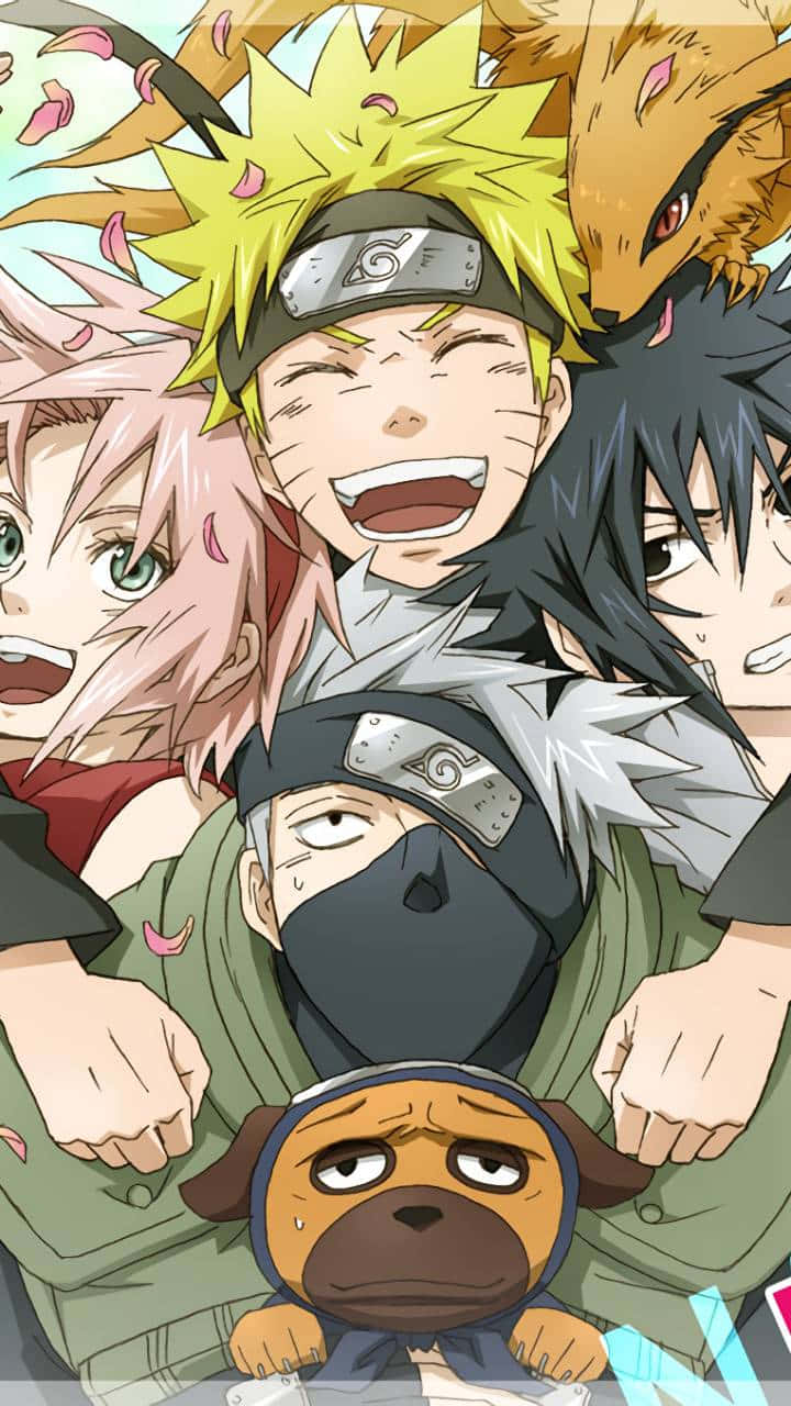 Naruto's Friend 桌布 壁紙 — 一幅充滿活力的動漫團體照，描繪漩渦鳴人與朋友和他的九尾狐同伴一起大笑。