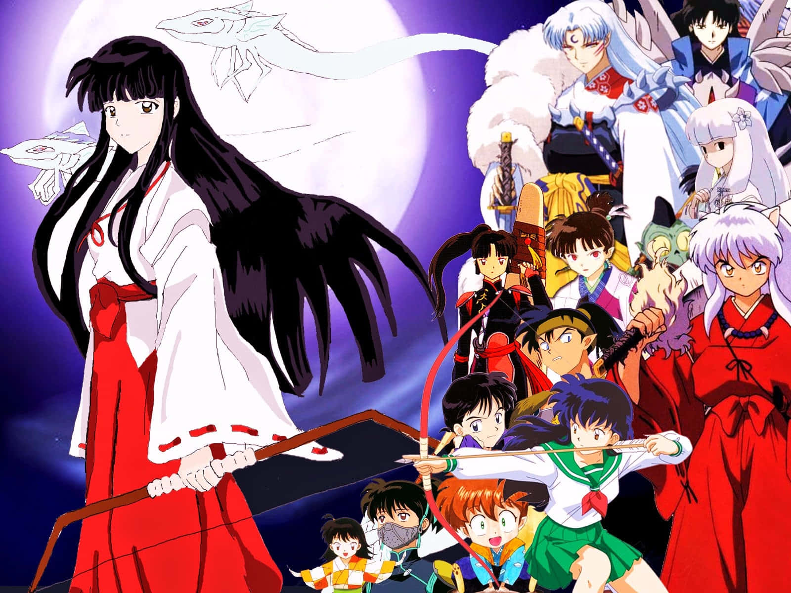 Inuyasha And The Gang 桌布 壁紙 — 一幅充滿活力的動漫團體肖像， featuring 犬夜叉和戈薇在發光的滿月下，一條白龍在上方飛翔。