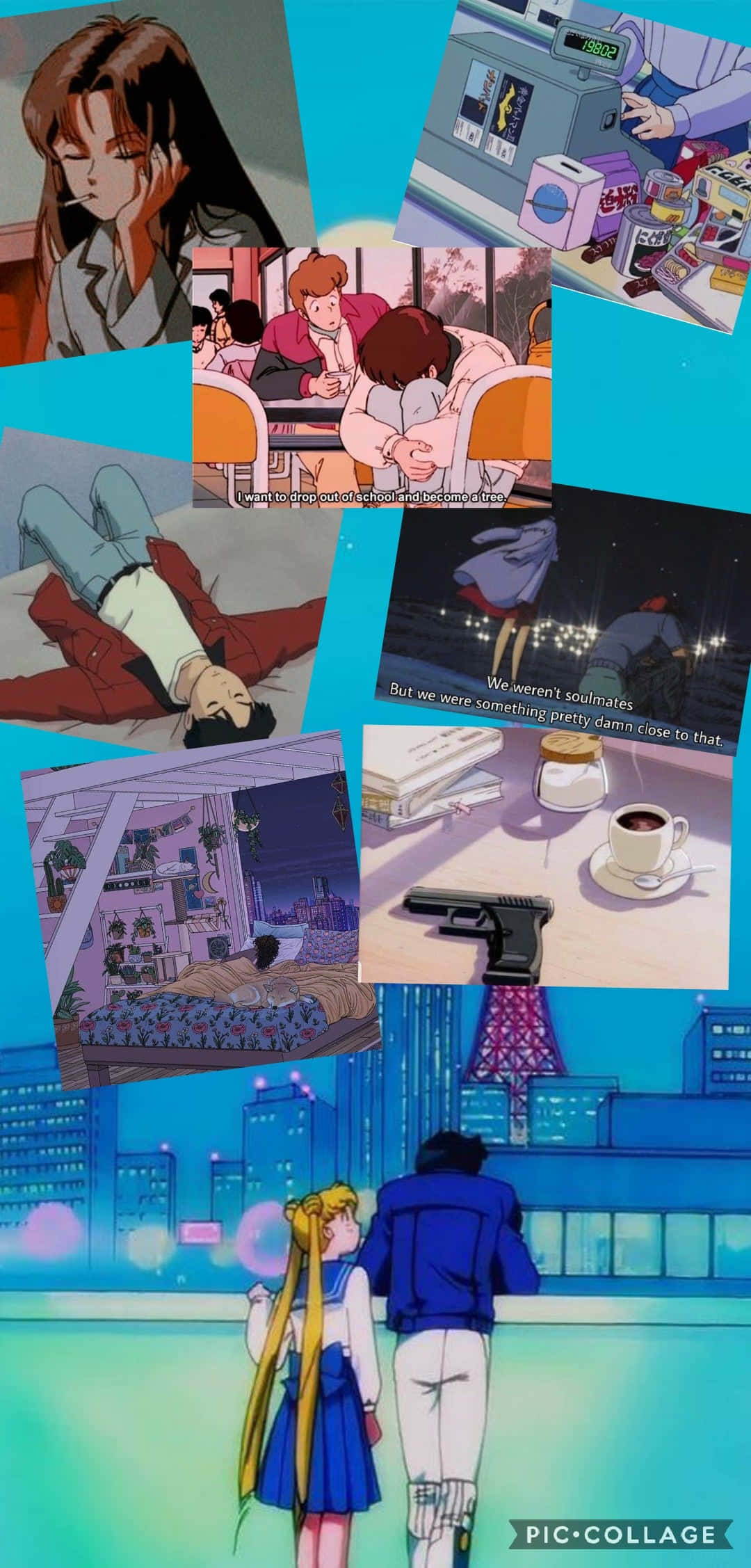 桌布 壁紙 — 一幅充滿活力的動漫場景拼貼畫，以青綠色背景襯托浪漫時刻、城市景觀和戲劇性角色。