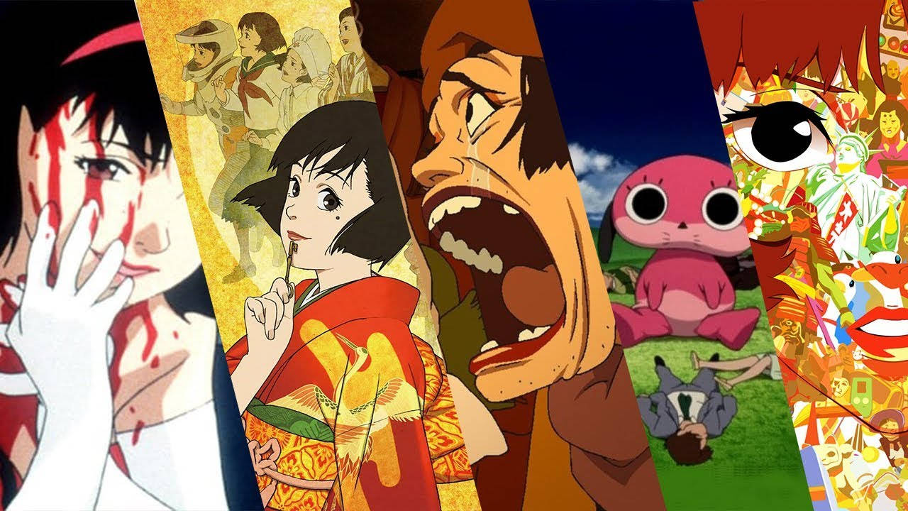 satoshi kon 桌布 壁紙 — 一幅充滿活力的動漫場景拼貼畫，展現了表情豐富的角色在戲劇性和色彩繽紛的時刻。
