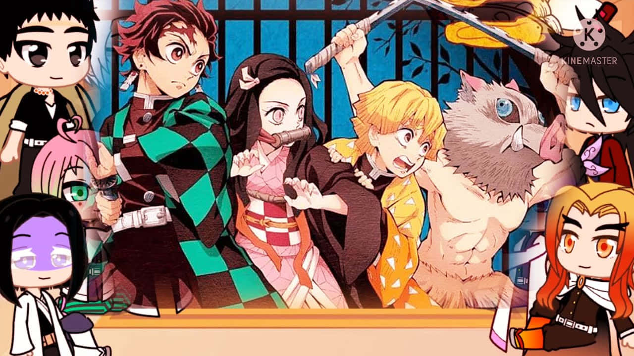Demon Slayer Group 桌布 壁紙 — 一幅充滿活力的動漫壁紙， featuring 鬼滅之刃的Q版角色，以劍和野豬惡魔擺出動態戰鬥姿勢。