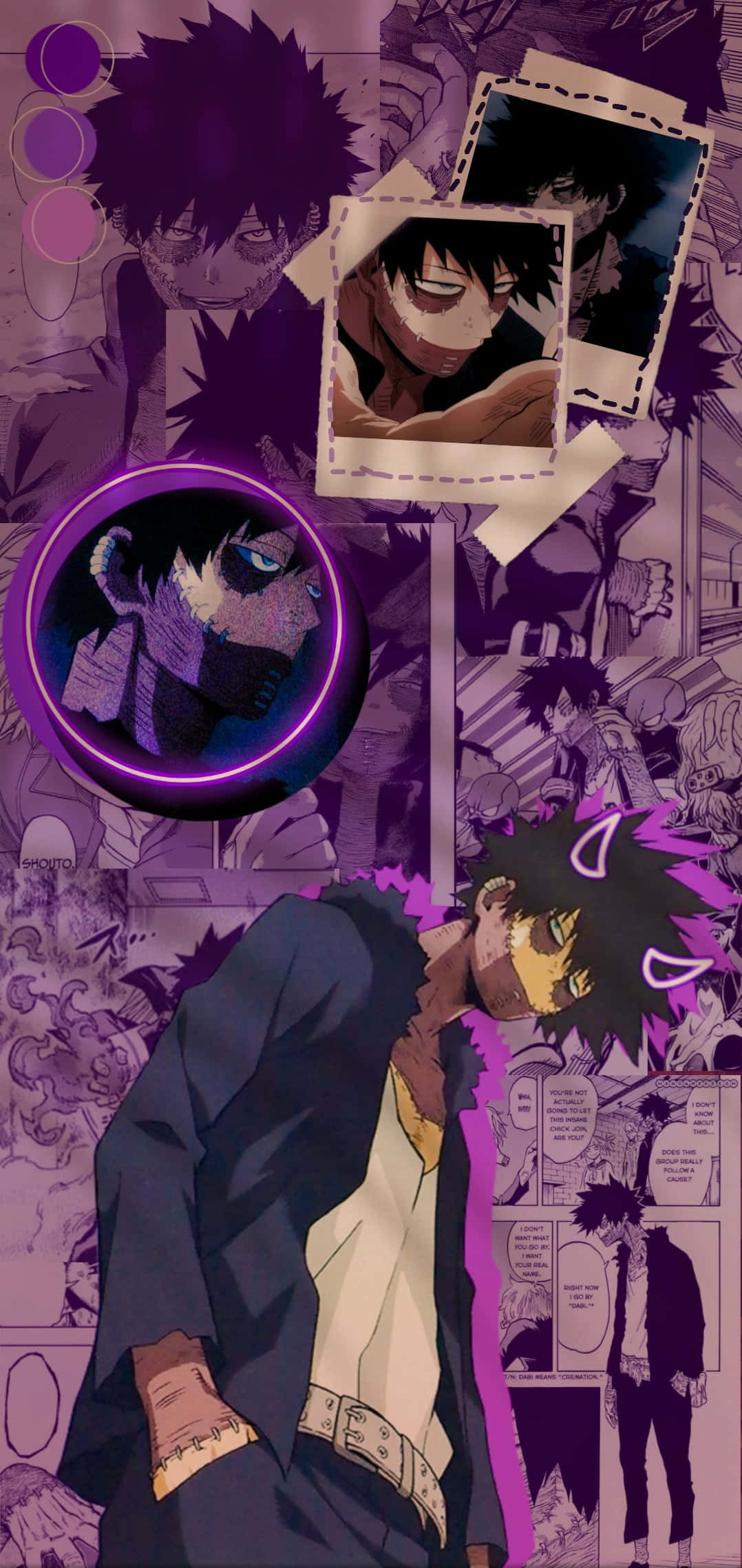 Purple Aesthetic Tumblr 桌布 壁紙 — 一幅充滿活力的動漫壁紙拼貼畫，包含多個動態鏡頭，主角是紫色和霓虹色調的尖刺頭髮角色。