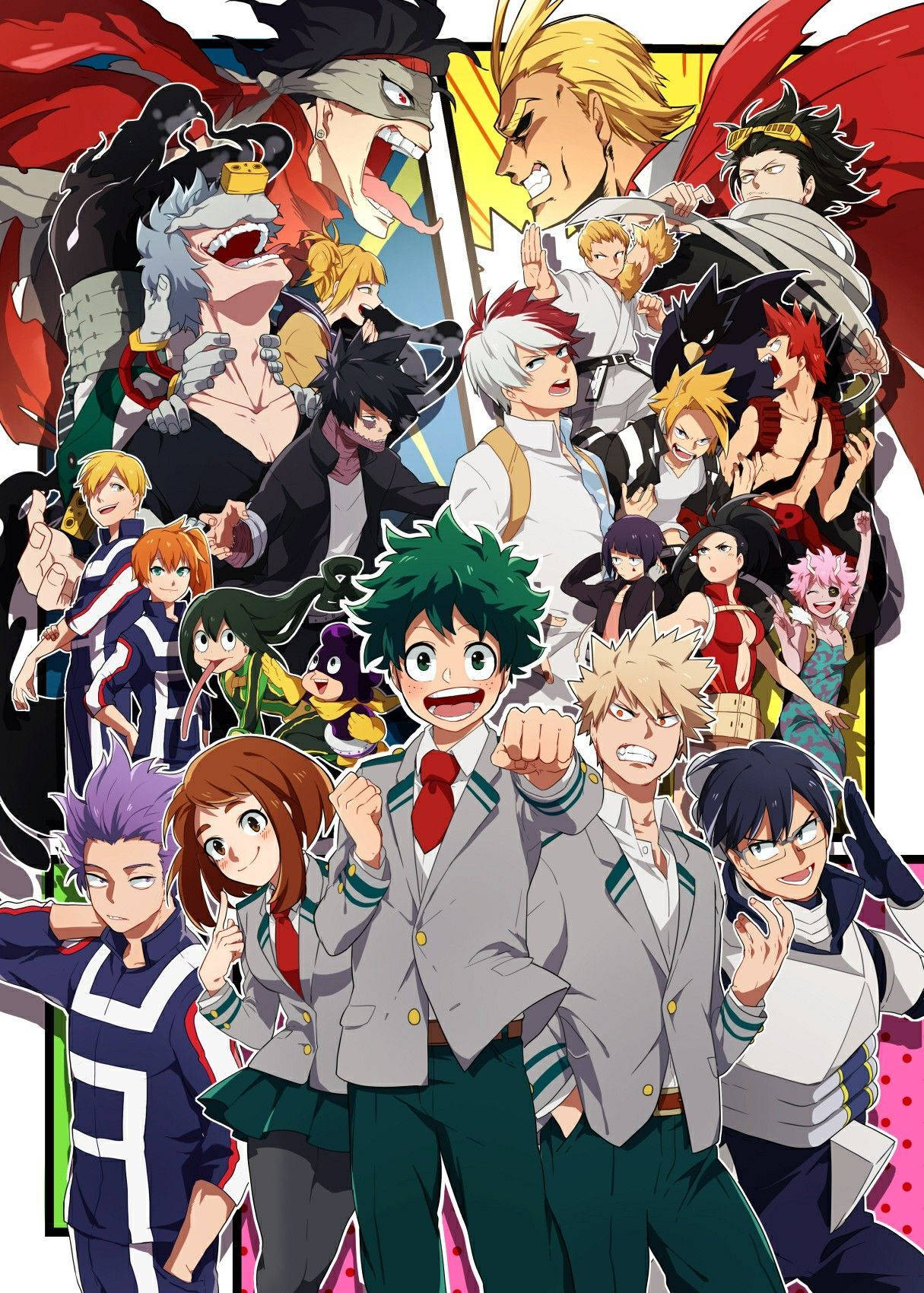 my 桌布 壁紙 — 一幅充滿活力的動漫拼貼畫， featuring My Hero Academia 角色以動態姿勢、大膽色彩和富有表現力的面孔呈現。