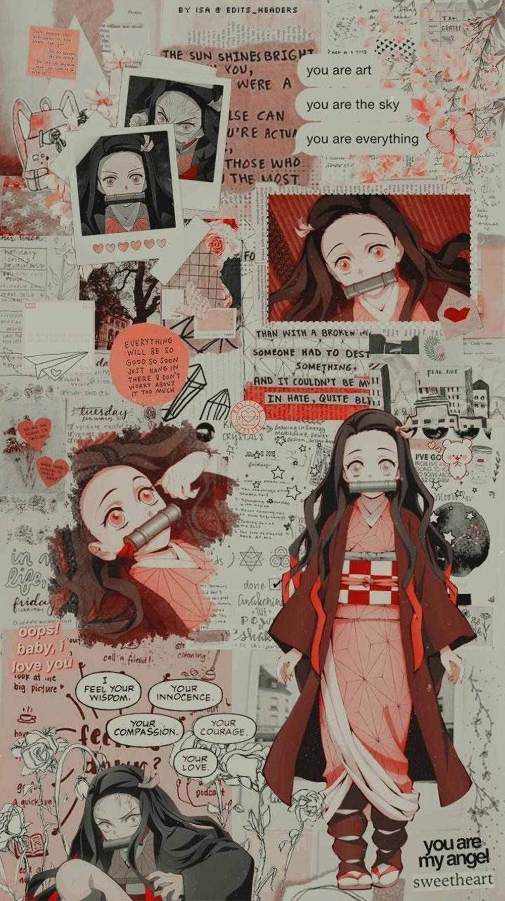 以紅色和粉色調的語錄和插圖組成的動漫角色拼貼畫。 — 禰豆子 GIF 壁紙