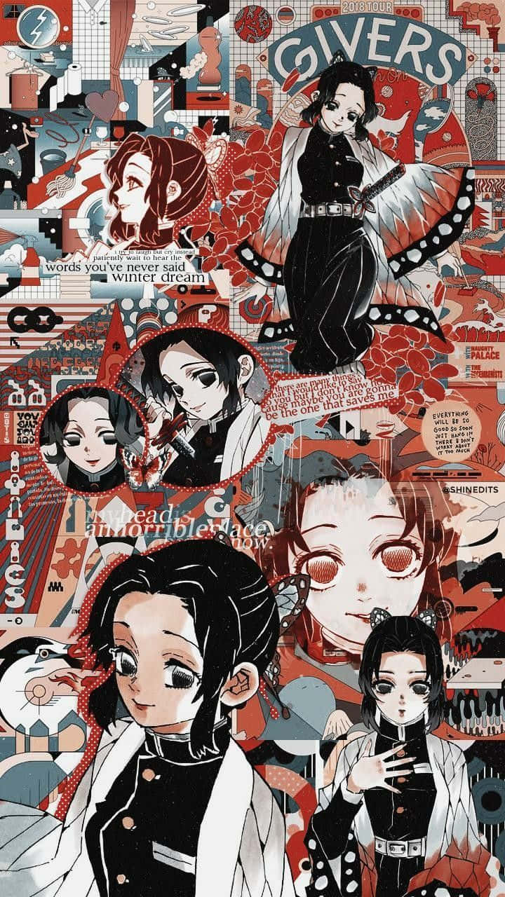 Demon Slayer Manga 桌布 壁紙 — 一幅充滿活力的動漫拼貼畫， featuring 多個來自《鬼滅之刃》的角色，帶有鮮明的紅黑圖案和漫畫風格文字疊加。