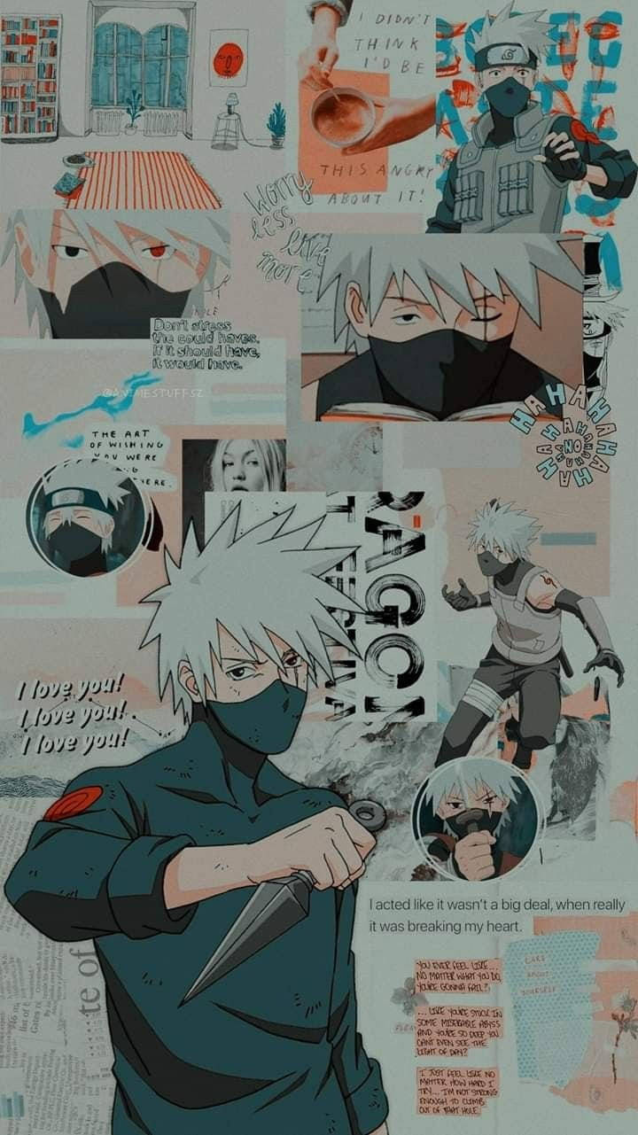 Naruto Kakashi 桌布 壁紙 — 一幅充滿活力的動漫拼貼畫， featuring 旗木卡卡西以各種姿勢和名言呈現，並疊加漫畫面板和文字覆蓋層。