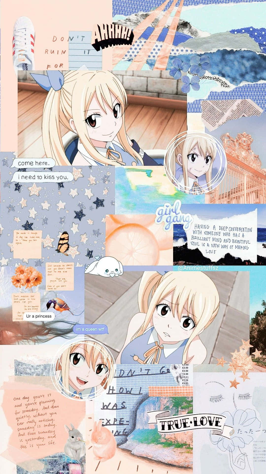 lucy heartfilia 桌布 壁紙 — 一幅充滿活力的動漫拼貼畫， featuring 一位金髮少女以不同姿勢出現，並附有手寫語錄及星星、兔子等裝飾元素。