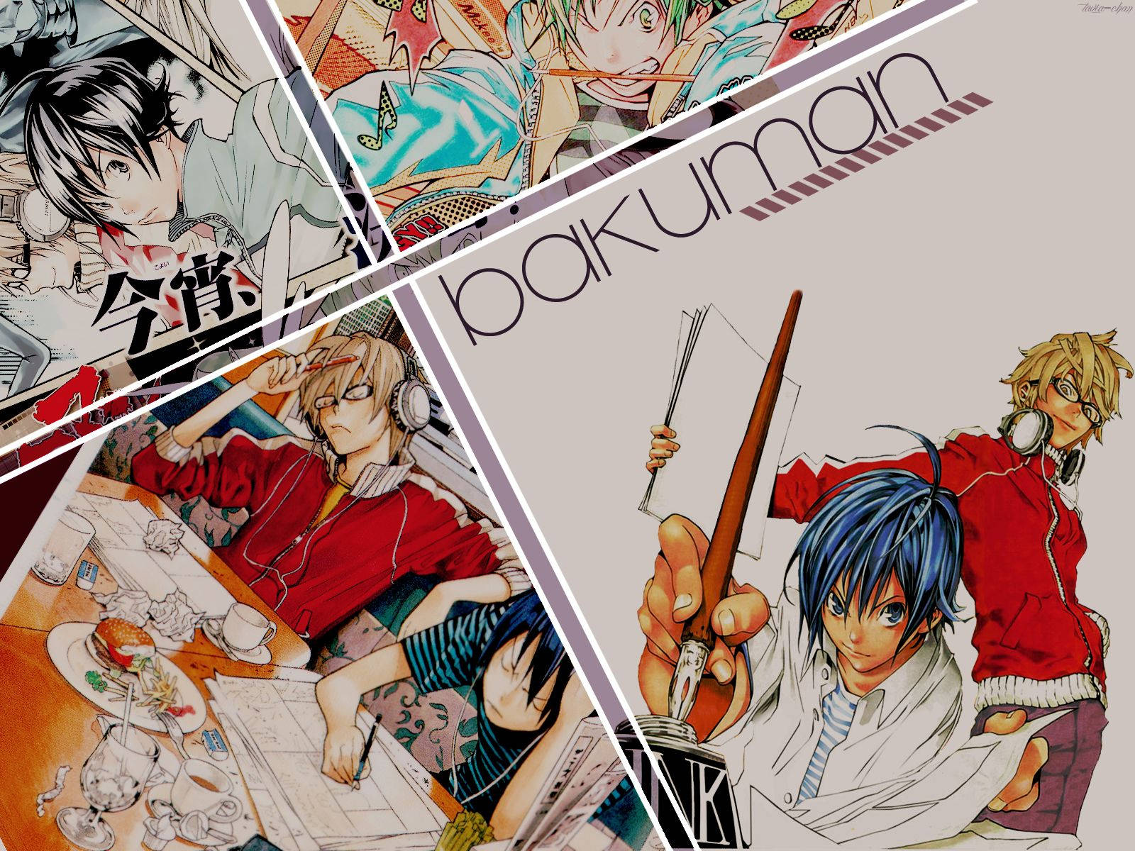 Bakuman 桌布 壁紙 — 一幅充滿活力的動漫拼貼畫， featuring Bakuman 角色在動態漫畫格中，線條大膽，表情豐富。