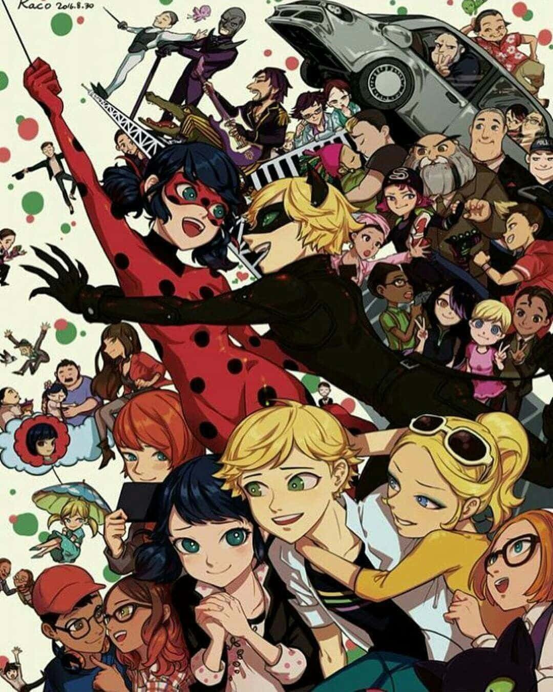 Miraculous Ladybug Adrien 桌布 壁紙 — 一幅充滿活力的動漫拼貼畫， featuring Ladybug 和 Cat Noir 被混亂的角色人群和一輛飛車包圍。