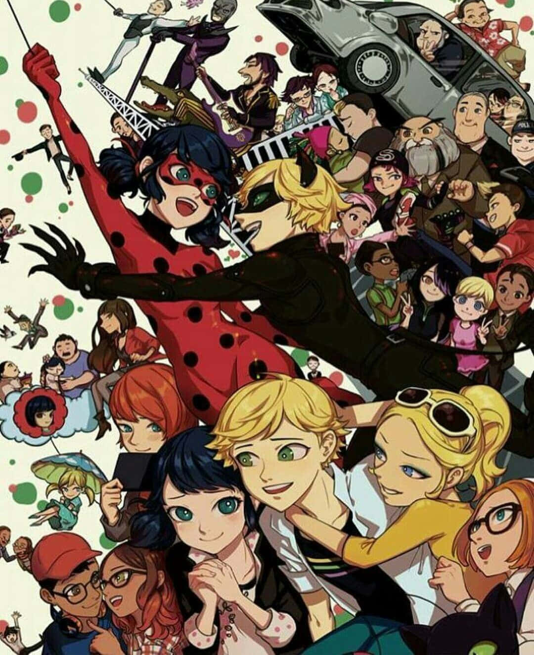 Marinette 桌布 壁紙 — 一幅充滿活力的動漫拼貼畫， featuring Ladybug 和 Cat Noir，被一群多元化的角色以動態姿勢包圍。