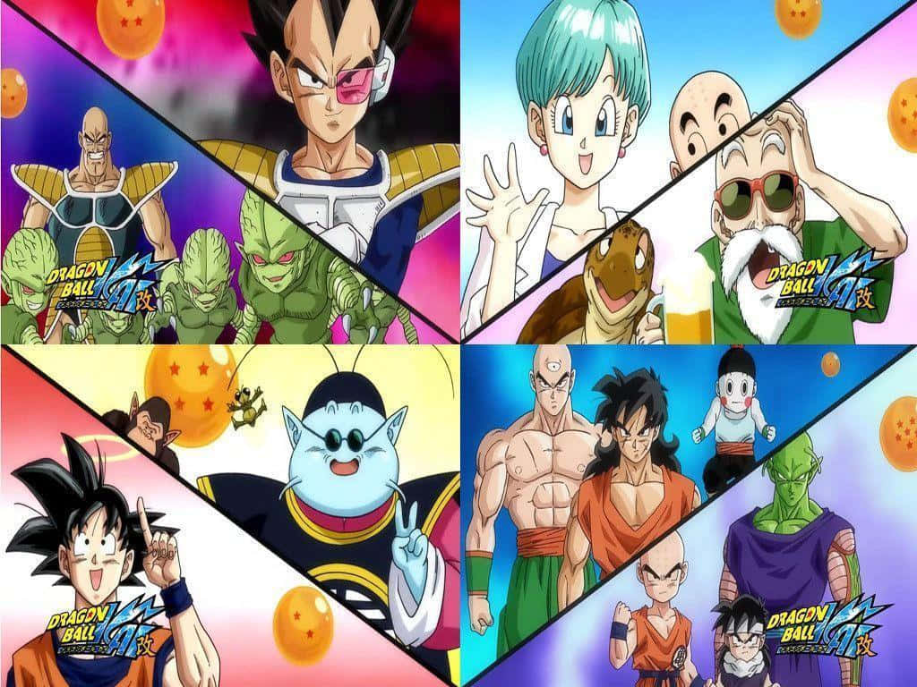 Dragon Ball Z Kai 桌布 壁紙 — 一幅充滿活力的動漫拼貼畫， featuring 龍珠角色如悟空、貝吉塔和比克，在色彩繽紛的宇宙背景下擺出動態姿勢。