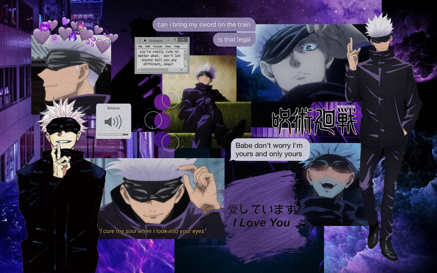 Anime Collage 桌布 壁紙 — 一幅充滿活力的動漫拼貼畫， featuring 咒術迴戰的五條悟以多種姿勢出現在紫色宇宙背景上，並帶有浮動文字氣泡和心形。