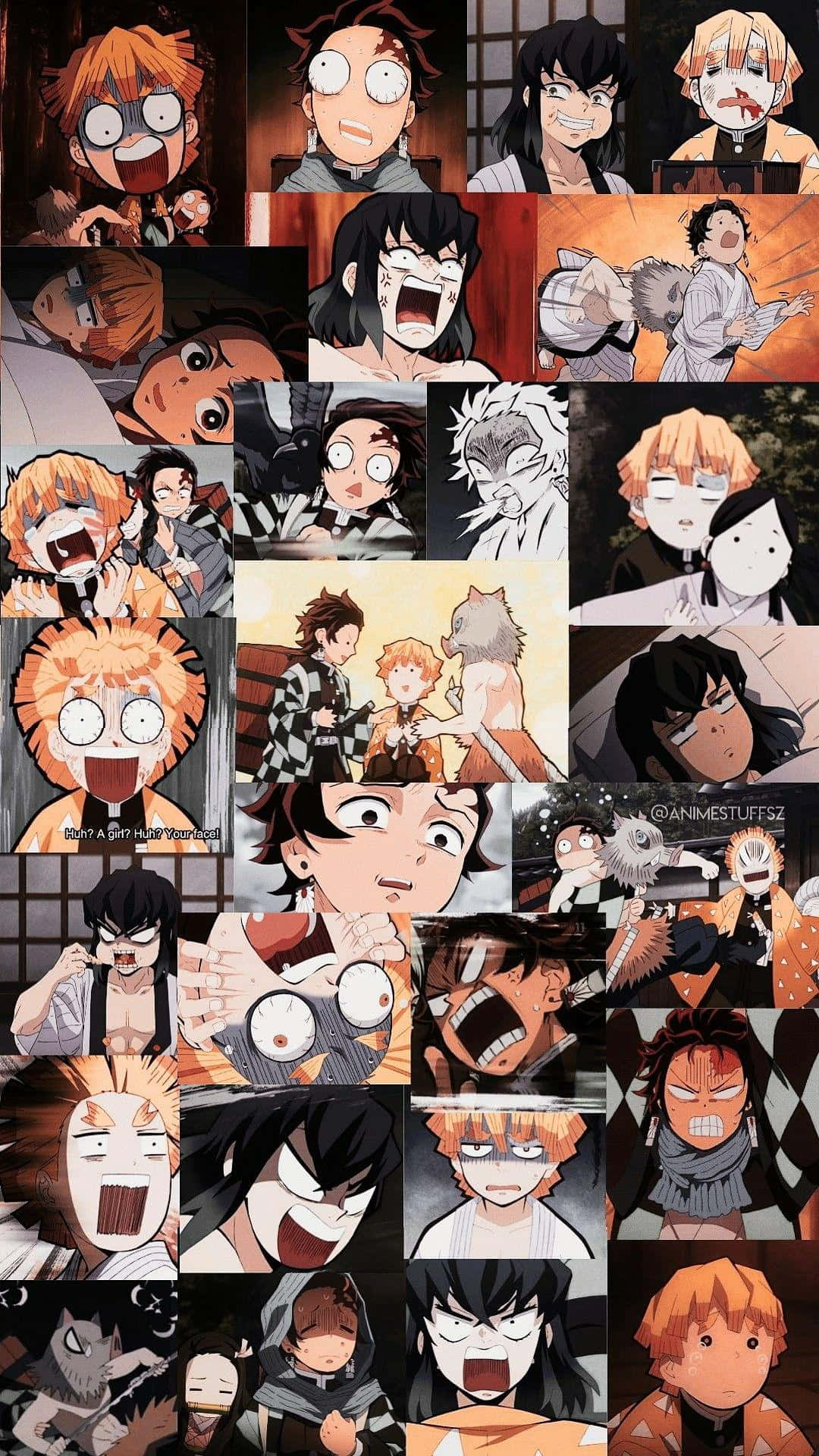 Demon Slayer Manga 桌布 壁紙 — 一幅充滿活力的動漫拼貼畫， featuring 來自《鬼滅之刃》的表情豐富的角色，以動態的情感姿勢呈現。