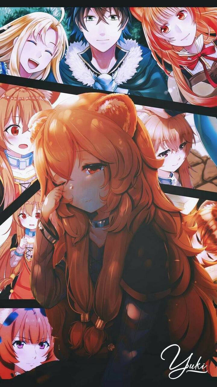Raphtalia 桌布 壁紙 — 一幅充滿活力的動漫拼貼畫，中央是一位橙色頭髮、戴著熊耳朵的女孩，周圍是其他表情豐富的角色，擺出動態姿勢。