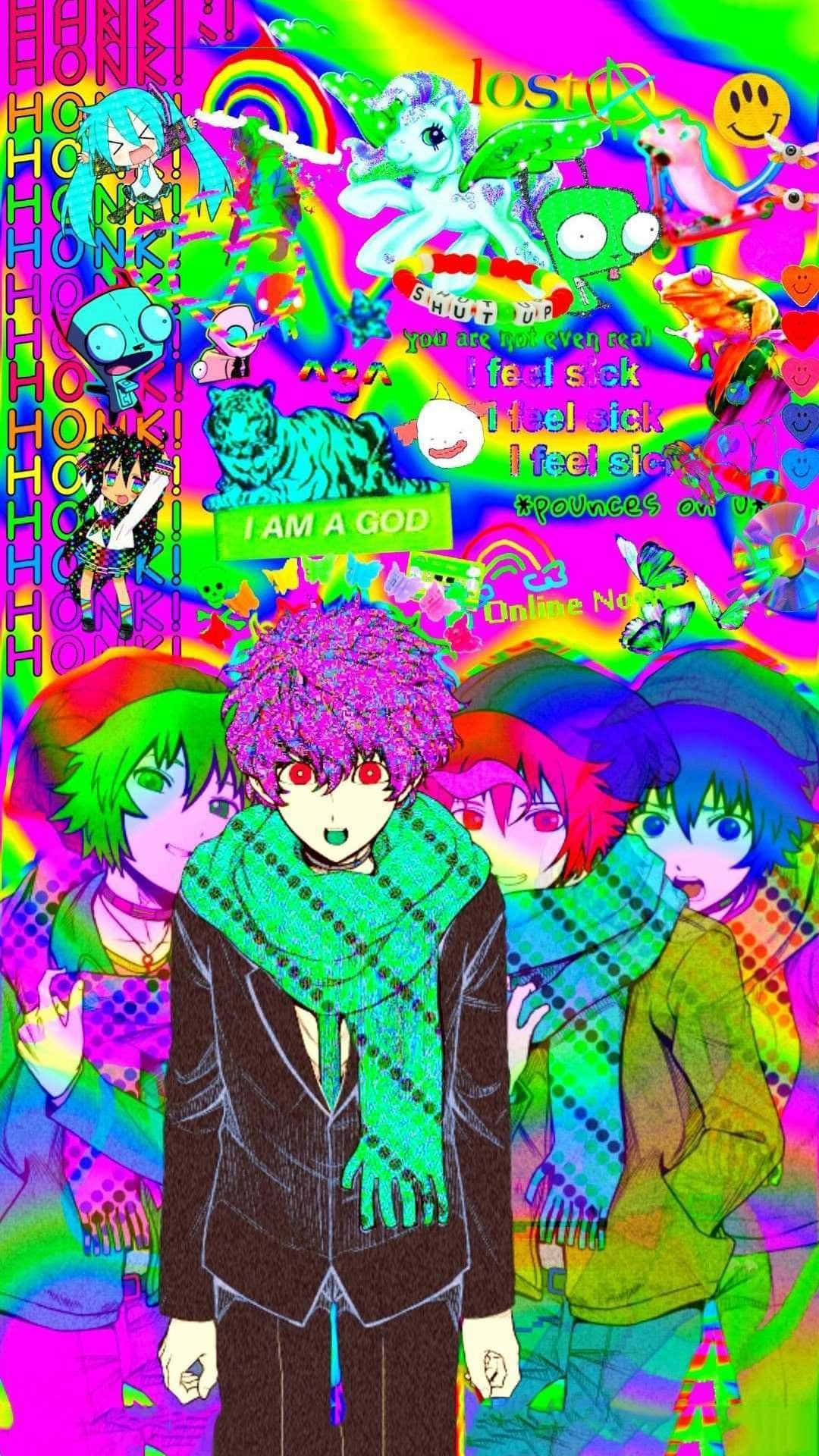 character 桌布 壁紙 — 一幅充滿活力的動漫拼貼畫，中央角色擁有紫色頭髮和綠色圍巾，周圍環繞著混亂的流行文化圖標和霓虹文字。