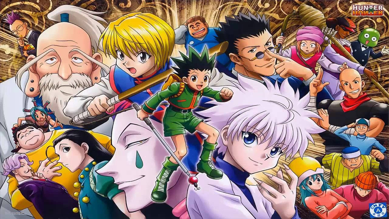 X 桌布 壁紙 — 一幅充滿活力的動漫拼貼畫，以 Hunter x Hunter 角色在金色華麗背景前擺出動態姿勢。