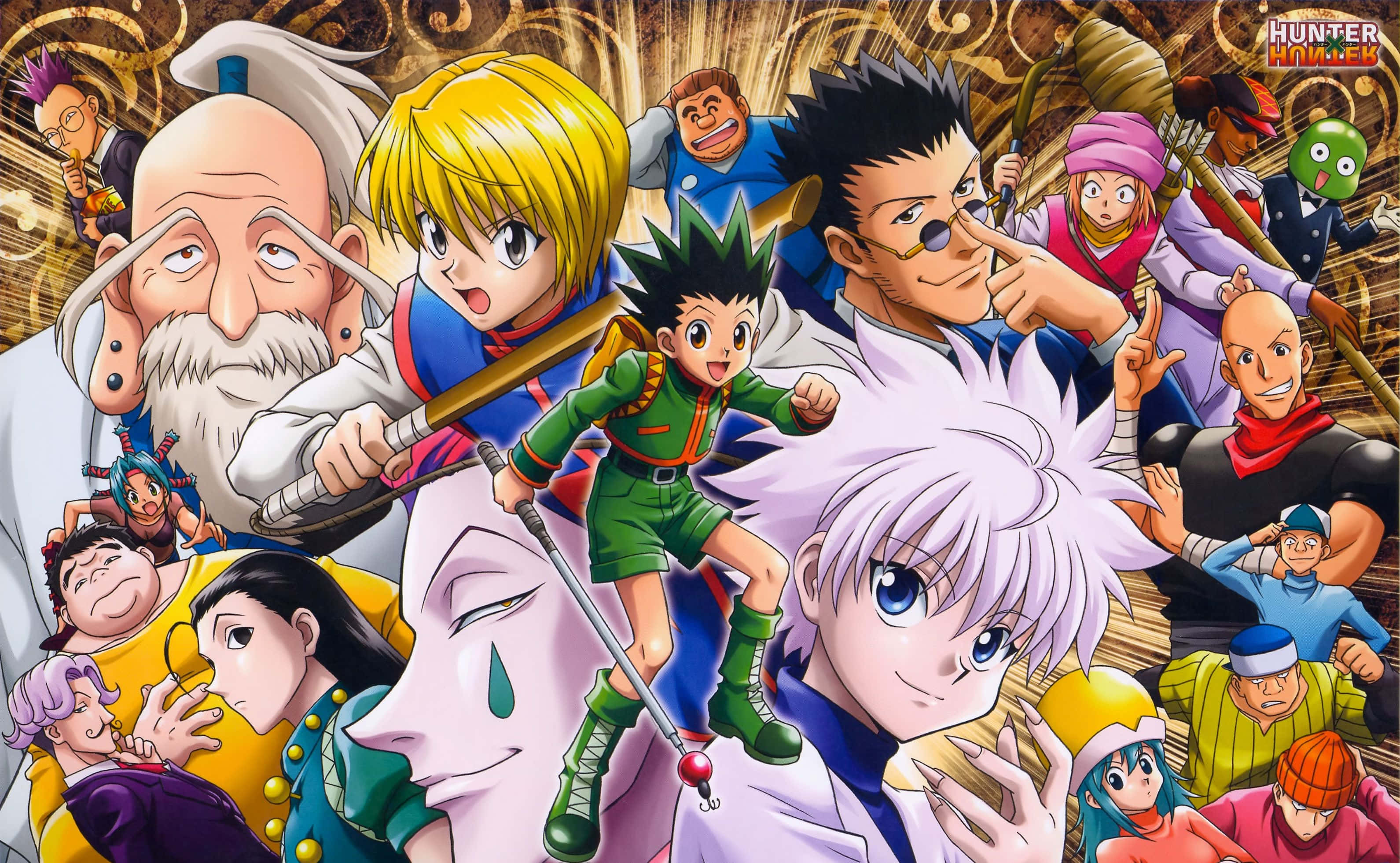 桌布 壁紙 — 一幅充滿活力的動漫拼貼畫，以 Hunter x Hunter 角色在金色華麗背景前擺出動感姿勢。